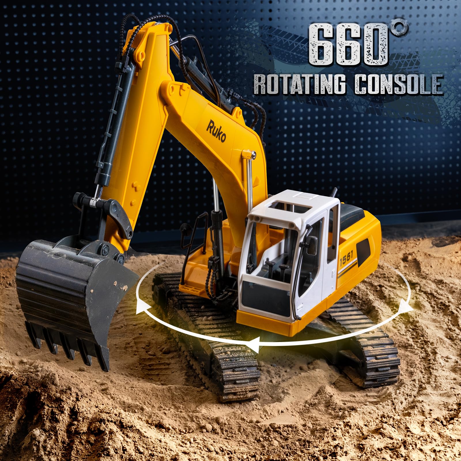 Ruko 1561 RC Excavator - 3 in 1 Remote Control Construction Toy with Alloy Shovel & Drill, 17 Channel RC Vehicle for Boys & Adults (Ages 6-14) - Realistic Lights & Sounds for Sandbox Play, Construction Site Pretend Play & STEM Learning