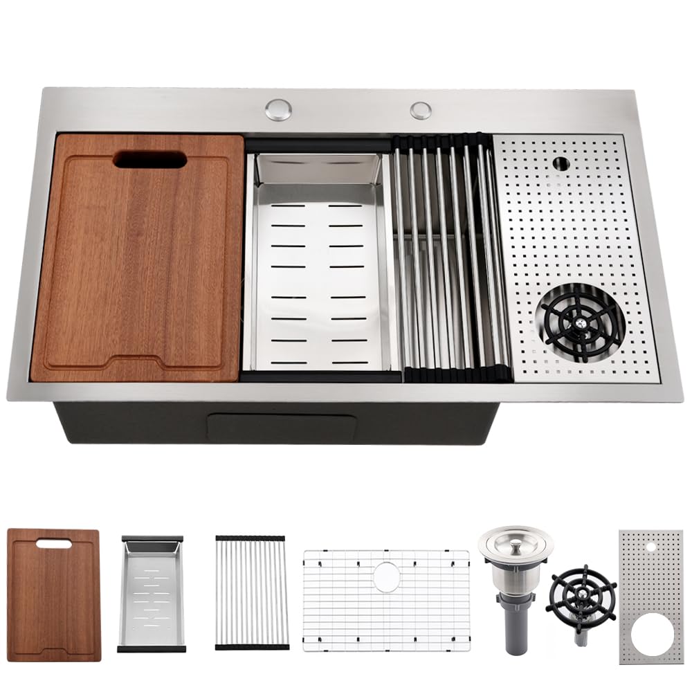 Bokaiya 33x19 Drop In Kitchen Sink with Glass Rinser & Cup Washer - 16 Gauge Stainless Steel Deep Single Bowl Workstation for Modern Kitchens