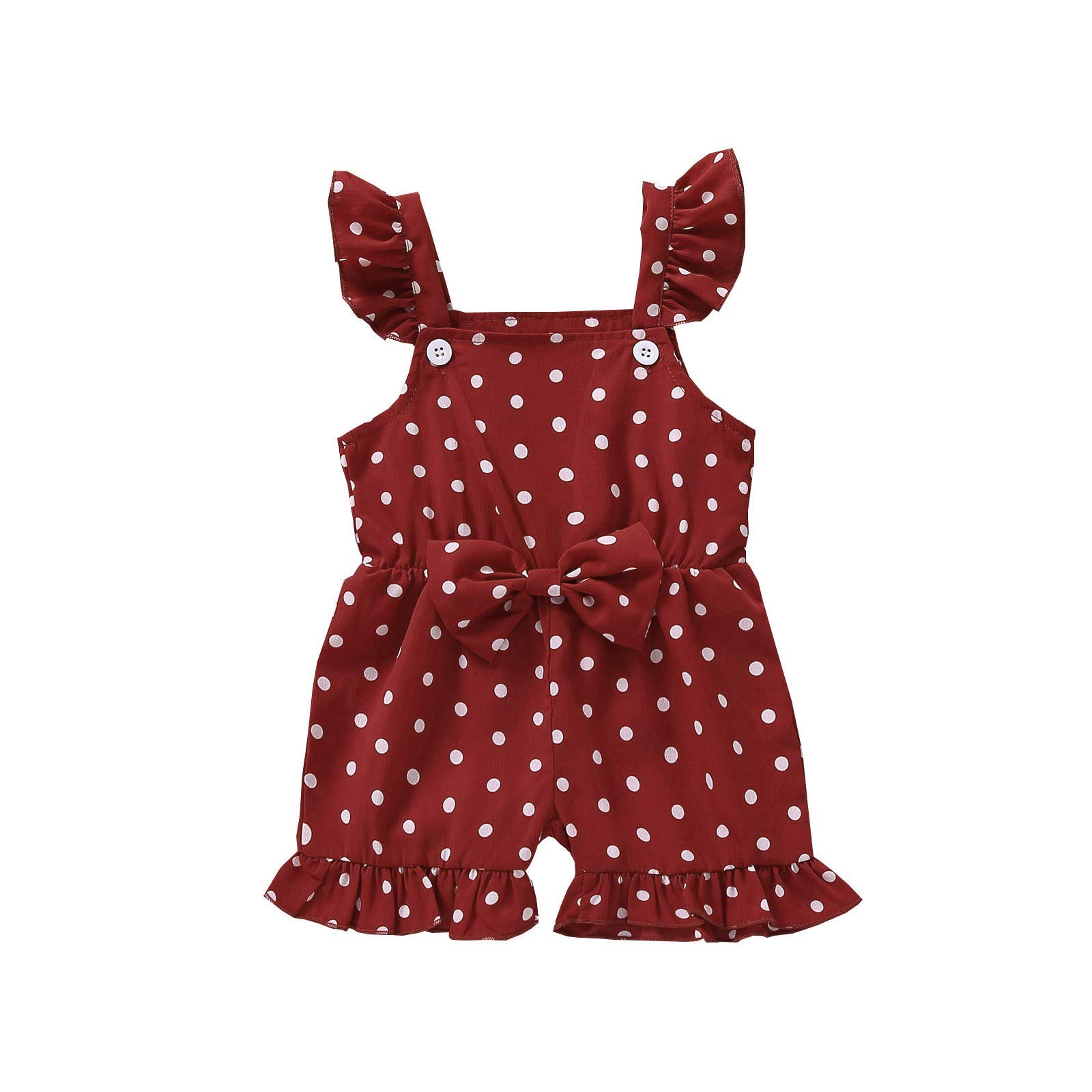 Little Girls Jumpsuit - Printed Romper with Ruffles & Bowknot Suspender - Red Polka Dot Toddler Outfit for Playdates & Birthday Parties