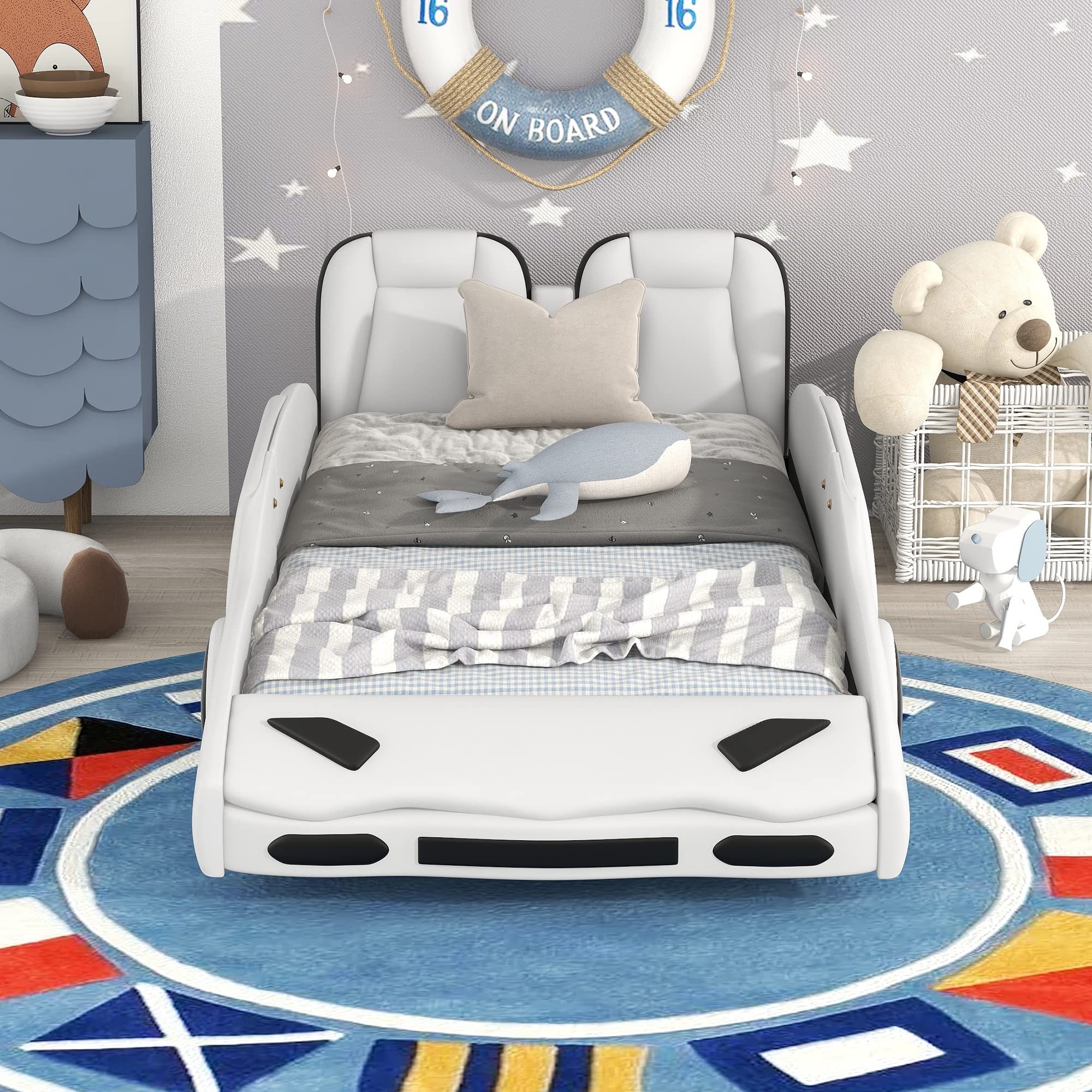 Race Car Twin Size Platform Bed - Faux Leather Upholstered Toddler Bed with Wheels, Lightning McQueen Inspired Kids Bed Frame for Boys & Girls - No Box Spring Needed (PU, White) - Perfect for Kids' Bedroom, Playroom & Themed Nursery Decor