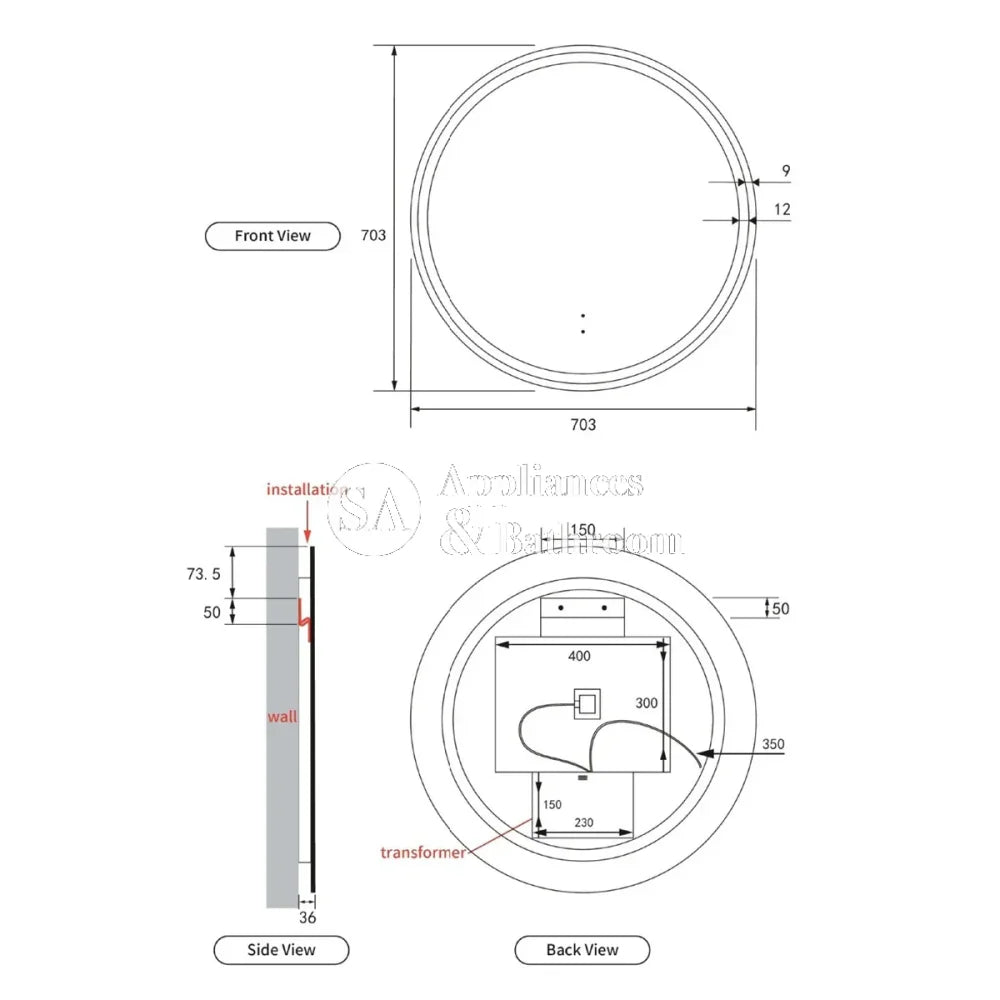 Aulic Windsor Round LED Mirror 700mm Gunmetal - Modern Bathroom Vanity Mirror with Soft Lighting, Perfect for Makeup & Shaving (LMWIN 700 GM)
