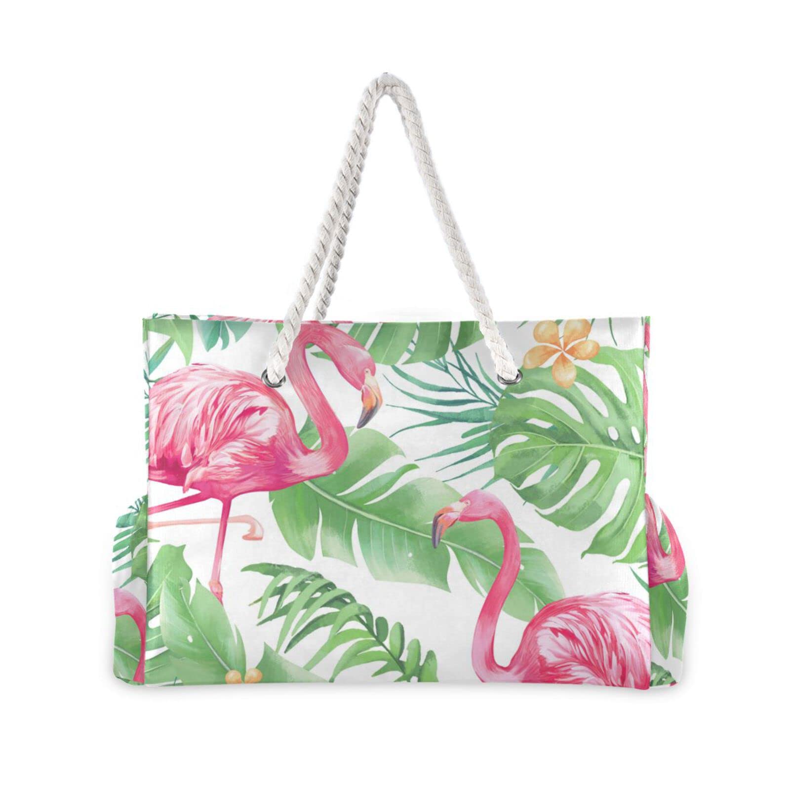Vikko Pink Flamingo Print Large Beach Tote Bag - Waterproof Zippered Travel Shoulder Bag for Women & Girls - Perfect for Pool, Vacation, Shopping and Summer Outings