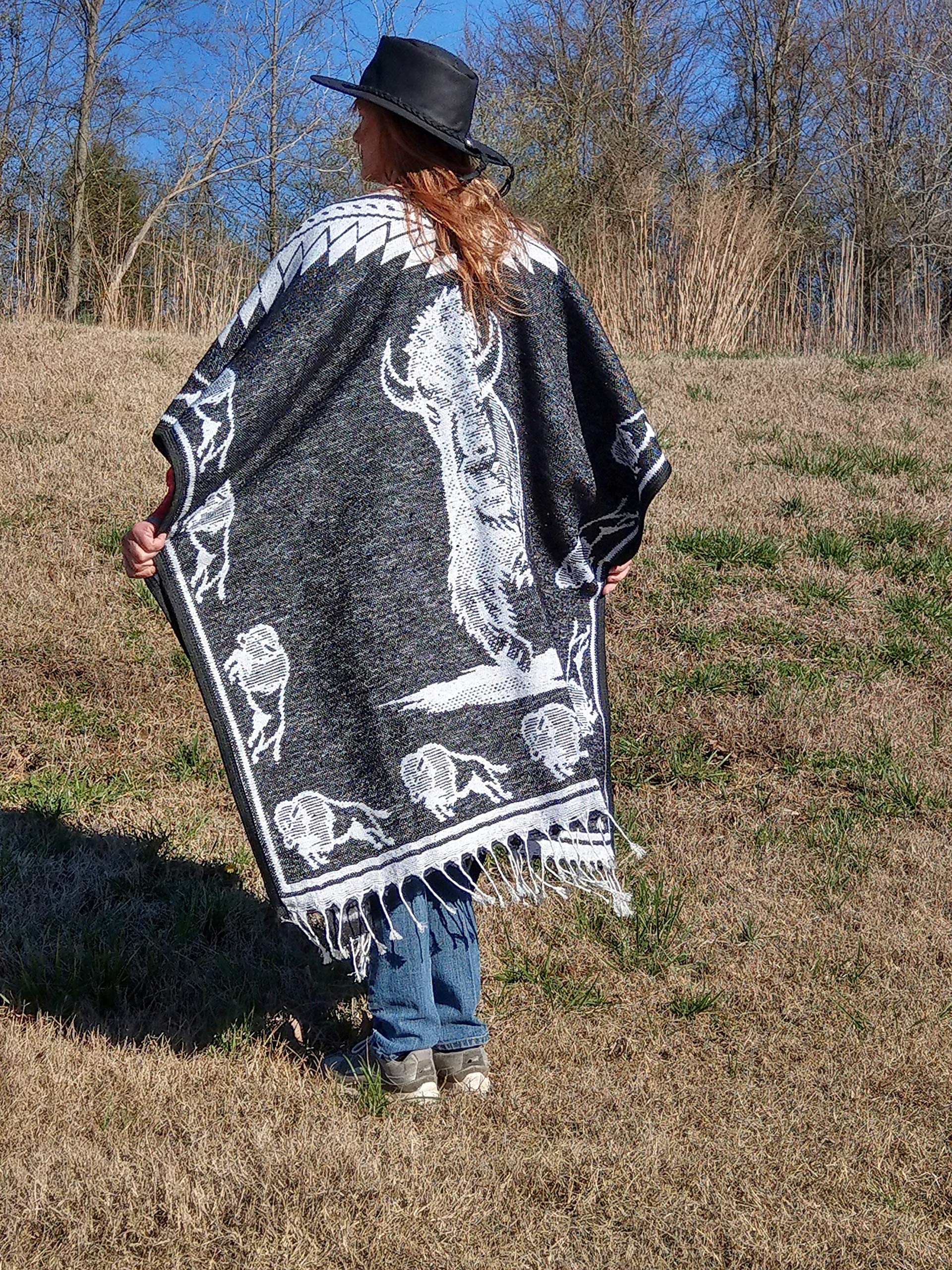 Sharpshooter Brand Sun Dance Tatanka Ska Buffalo Robe Hand Woven Poncho - Native American Style Wool Blanket for Outdoor Camping, Festivals & Cozy Home Decor