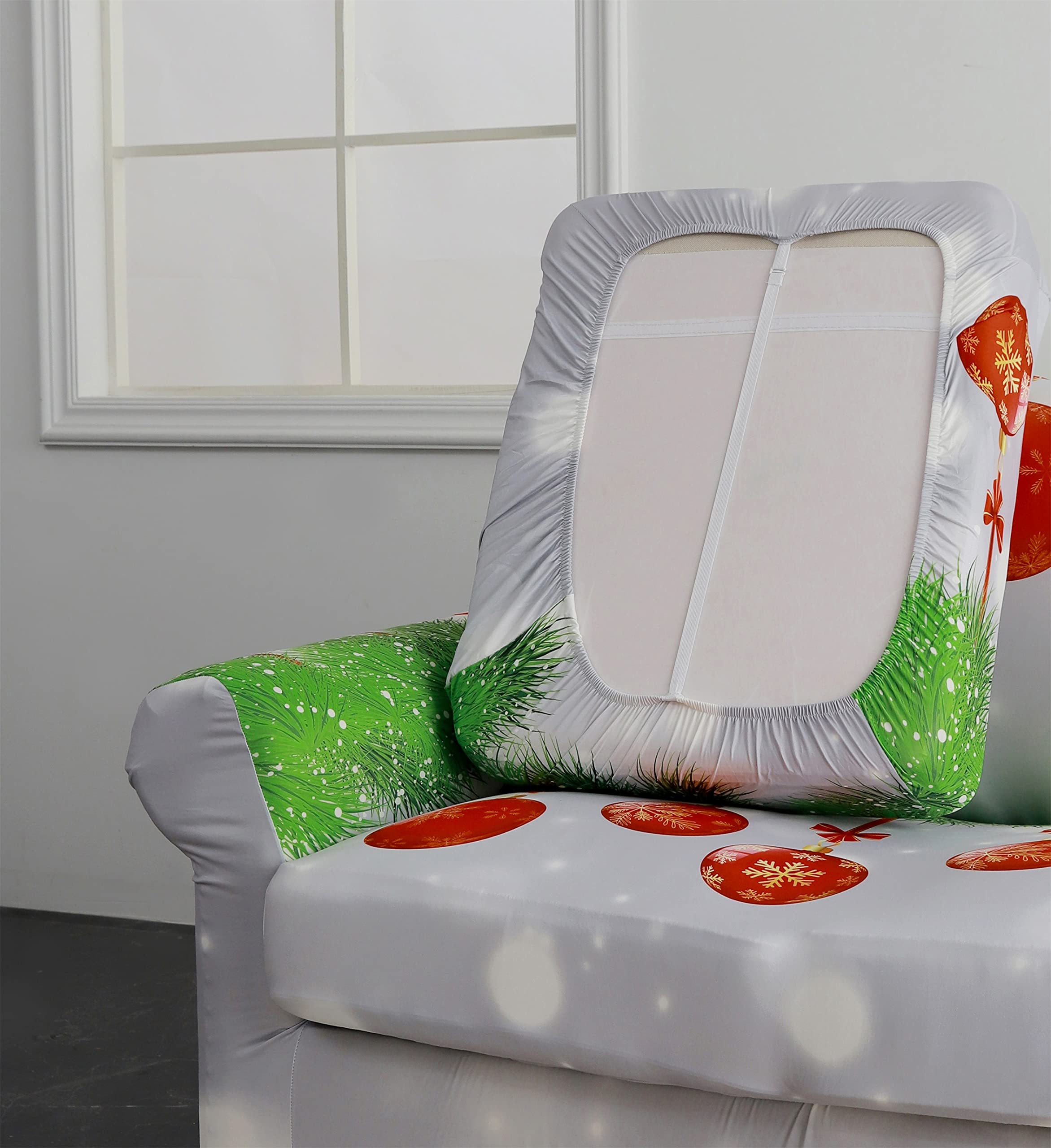 Stretchable Christmas Print Sofa Slipcover - Washable Removable 3-Cushion Couch Cover for Living Room (Grey-Red, Small) | Holiday Home Decor & Furniture Protection