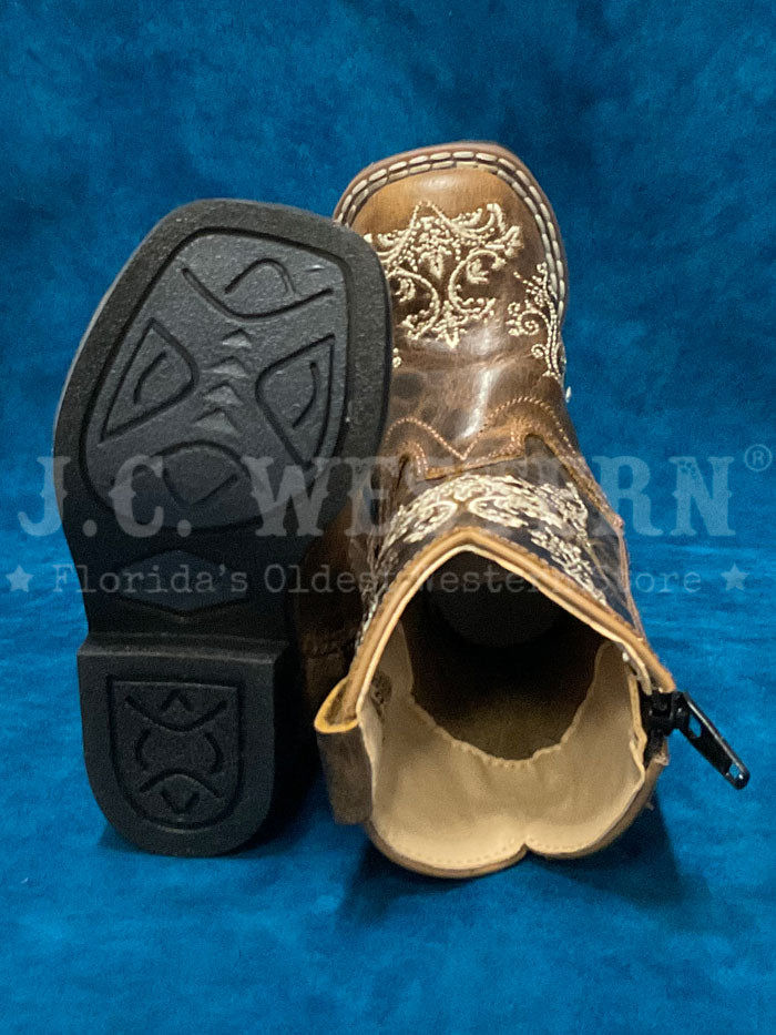 Old West 1958 Kids Embroidered Square Toe Western Boots - Brown Leather Cowboy Boots for Boys & Girls - Perfect for Rodeo, Country Dance & Western Themed Parties