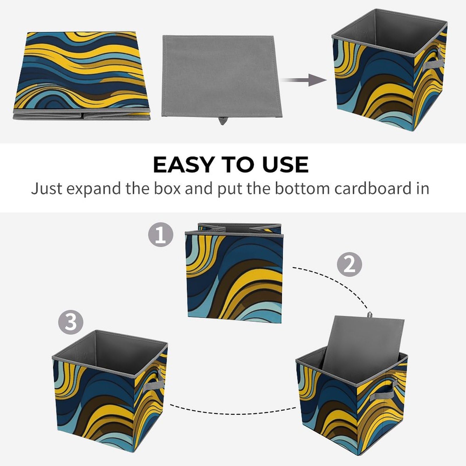 Wave Pattern Foldable Storage Cubes with Handles - Closet Organizer Bins for Cabinet, Shelf & Wardrobe Organization | Perfect for Bedroom, Kids Room & Office Storage