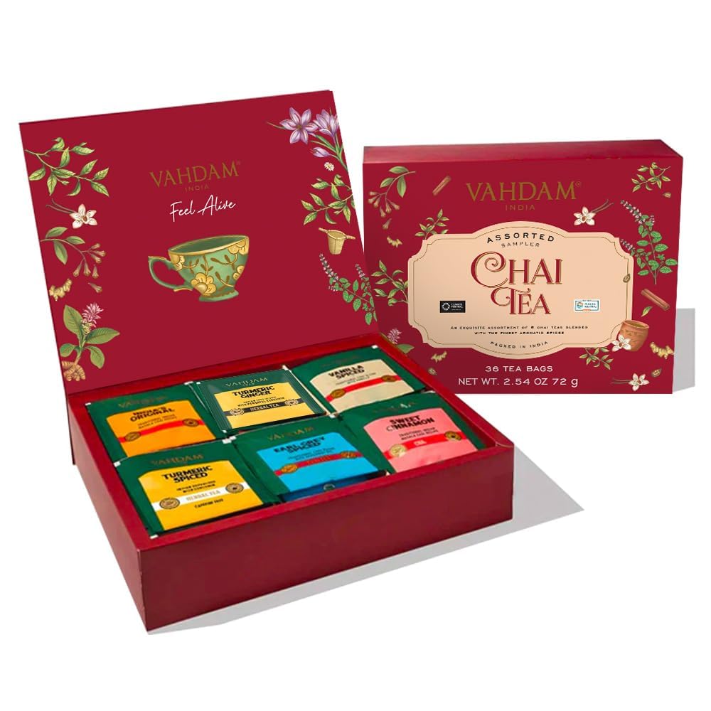 VAHDAM Assorted Chai Tea Variety Pack - 6 Flavors, 36 Pyramid Tea Bags | Indian Masala Chai, Caffeinated, Gluten Free & Non-GMO | Perfect for Gifts, Office, or Relaxing at Home