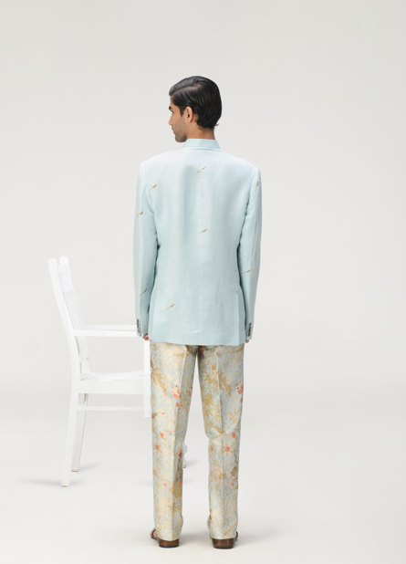 Elegant Bandhgala Suit in Ice Blue Satin Linen for Men | Premium Indian Wedding Attire & Formal Occasions