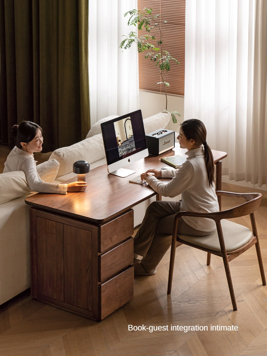 Premium Black Walnut Solid Wood Desk with Built-in Storage Cabinet - Modern Home Office Workstation for Professionals & Remote Workers
