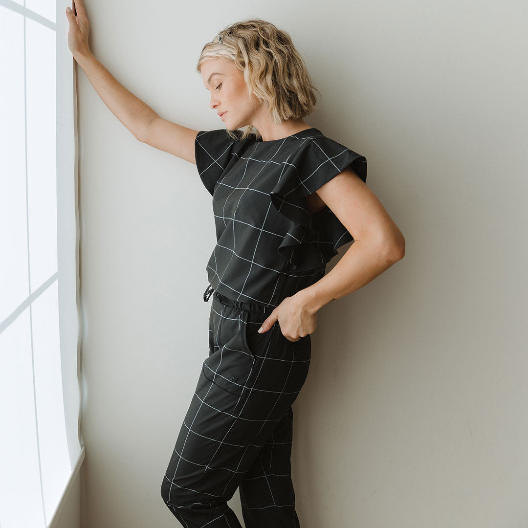 9 to 9 Women's Black Windowpane Jumpsuit - Stylish One-Piece Outfit for Work, Office & Casual Wear