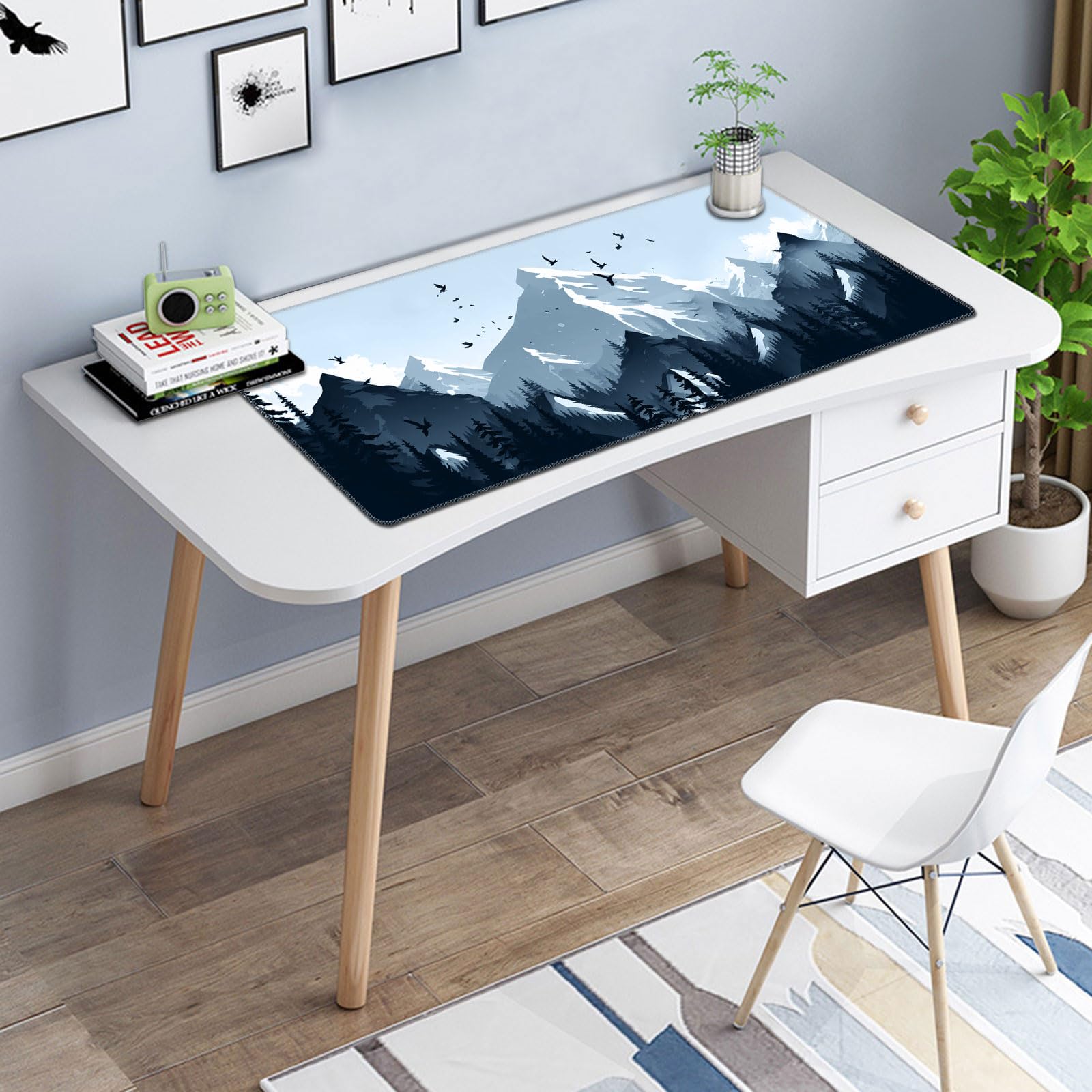 XXL Extended Mouse Pad with Coaster - 31.5x11.8 Inch Large Desk Mat with Non-Slip Base & Stitched Edge - Mountain Forest Design - Perfect for Gaming, Office Work & Home Computer Setup
