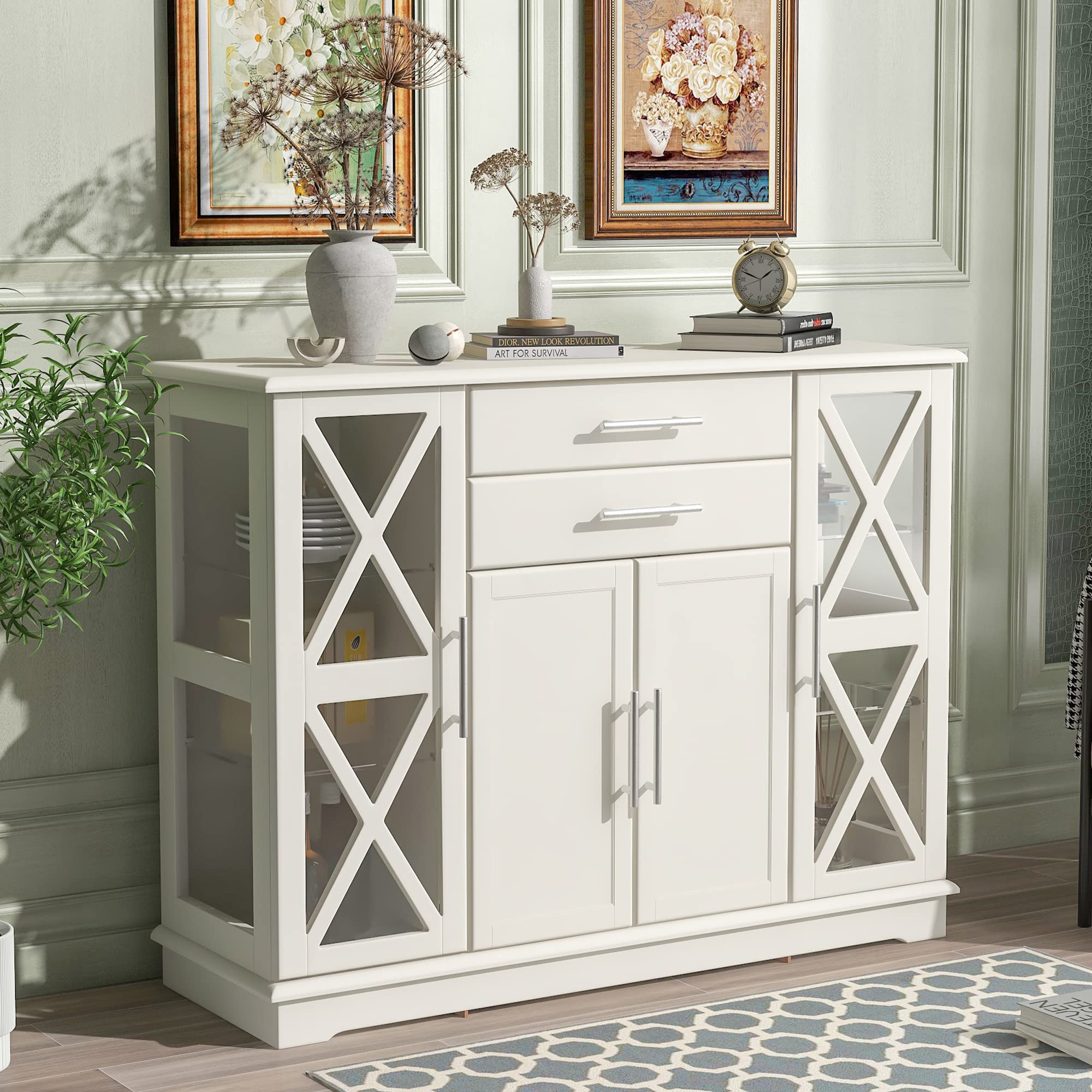 Glass Buffet Cabinet with 2 Drawers & Doors - Storage Sideboard for Dining Room