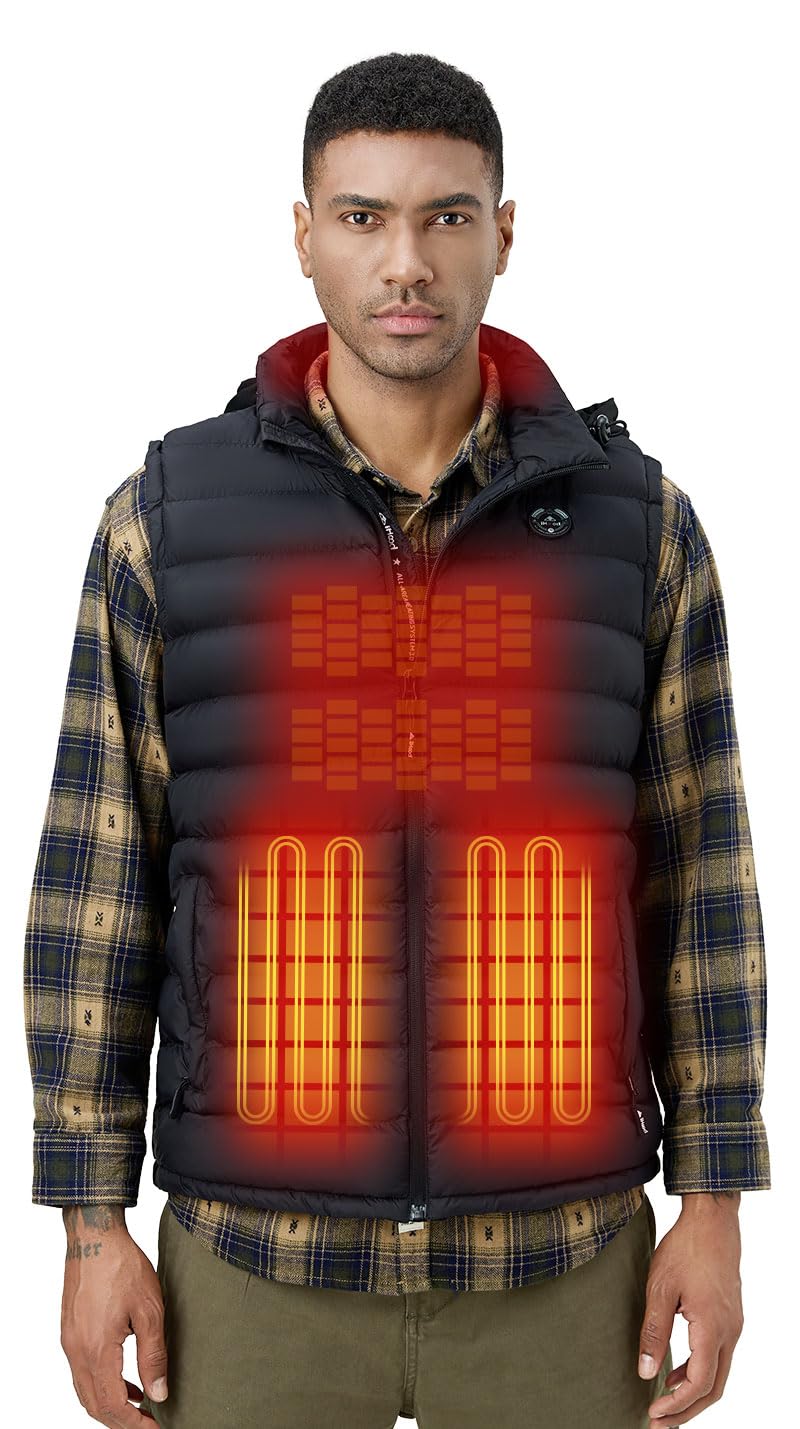 iHood Men's Heated Vest with Rechargeable Battery Pack - USB Electric Warming Jacket with Retractable Hood - Machine Washable Winter Coat for Outdoor, Hiking & Cold Weather Activities