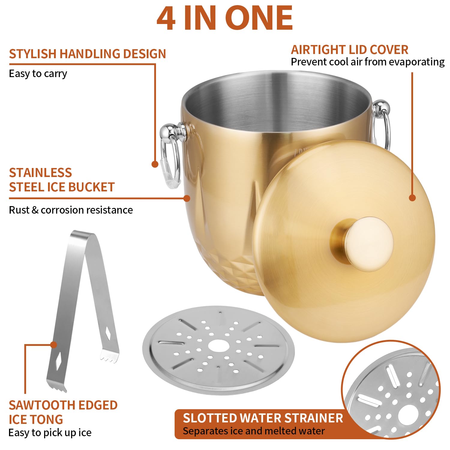 Premium 3L Double Wall Stainless Steel Ice Bucket with Lid - Insulated Ice Bucket Keeps Ice Frozen Longer - Includes Stainless Steel Tong & Strainer - Perfect for Parties, Cocktails, Wine, Champagne, Bars & Home Entertaining - Elegant Gold Finish for Weddings & Special Events