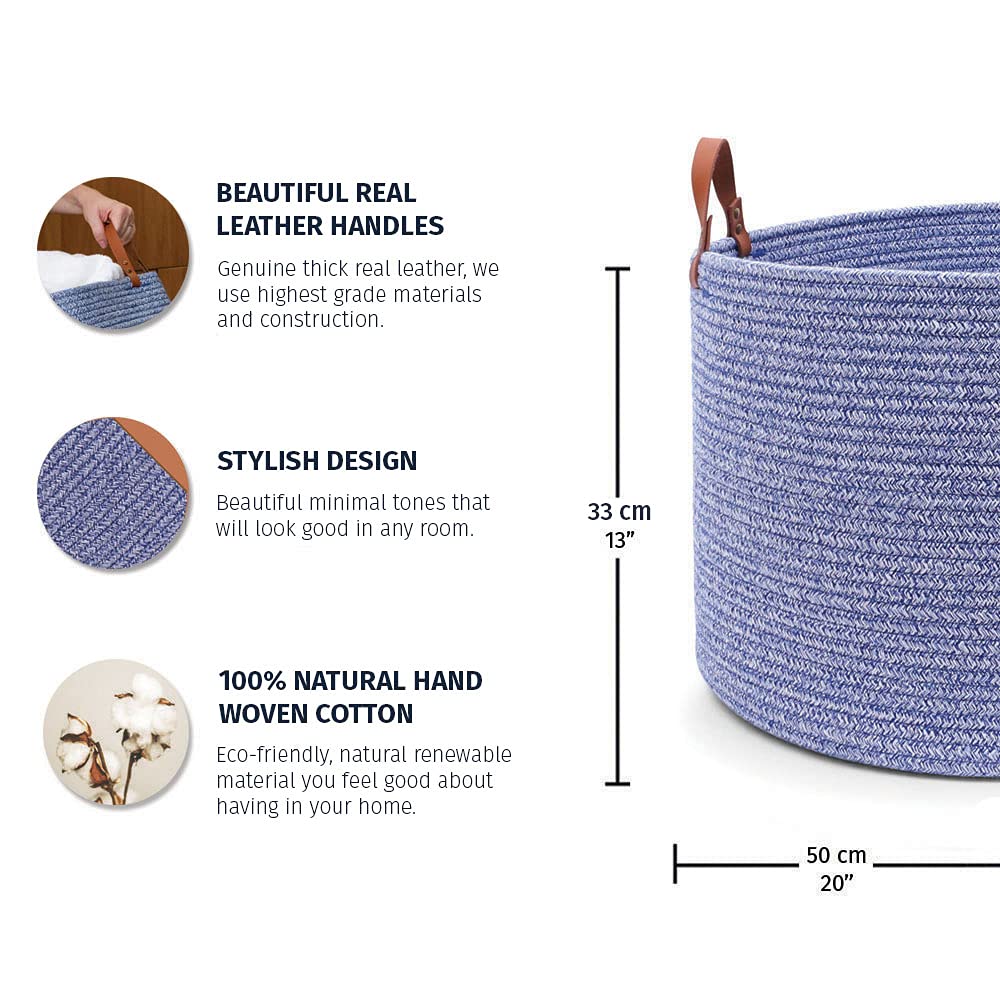 OrganiHaus Large Woven Cotton Rope Basket with Handles - 20x13 Inches, Boho Style Storage Basket for Blankets, Toys, Laundry & Shoes | Perfect for Living Room, Nursery, Entryway & Bedroom Organization | Blue Home Decor Storage Solution