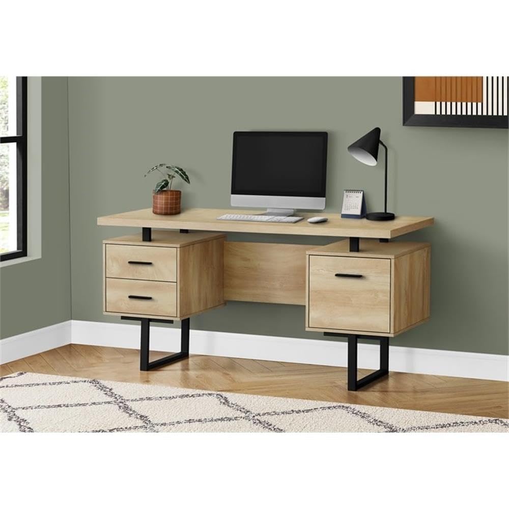 Pemberly Row 60-Inch Modern Wooden Home Office Desk with Laptop Storage Drawers - Natural Finish | Perfect for Remote Work & Small Space Home Offices