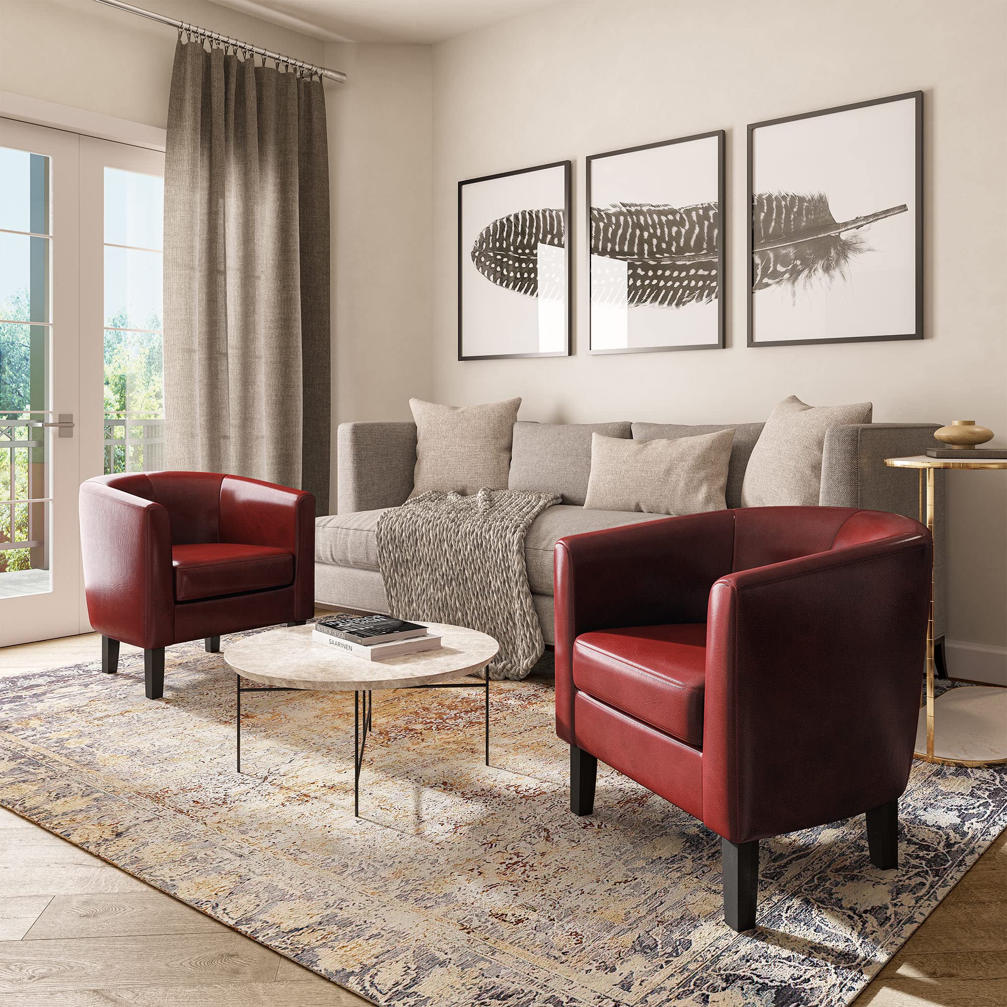 BELLEZE 2-Piece Faux Leather Round Accent Barrel Chair Set - Modern Club Tub Sofa Chairs with Flared Legs & Soft Padding for Living Room, Bedroom or Office Corner - Highland Red (Perfect for Small Spaces & Cozy Reading Nooks)