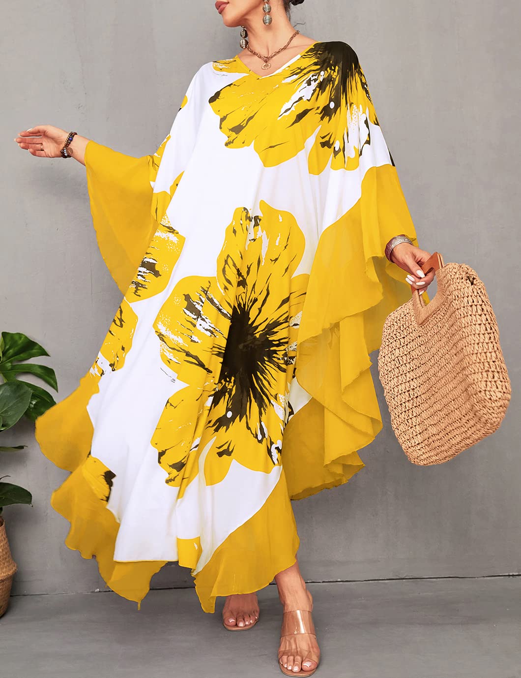 Eddoyee Women's Chiffon Loose Kaftan Dress - Beach Cover Up, Swimsuit Cover, Summer Boho Maxi Dress for Pool, Vacation & Resort Wear