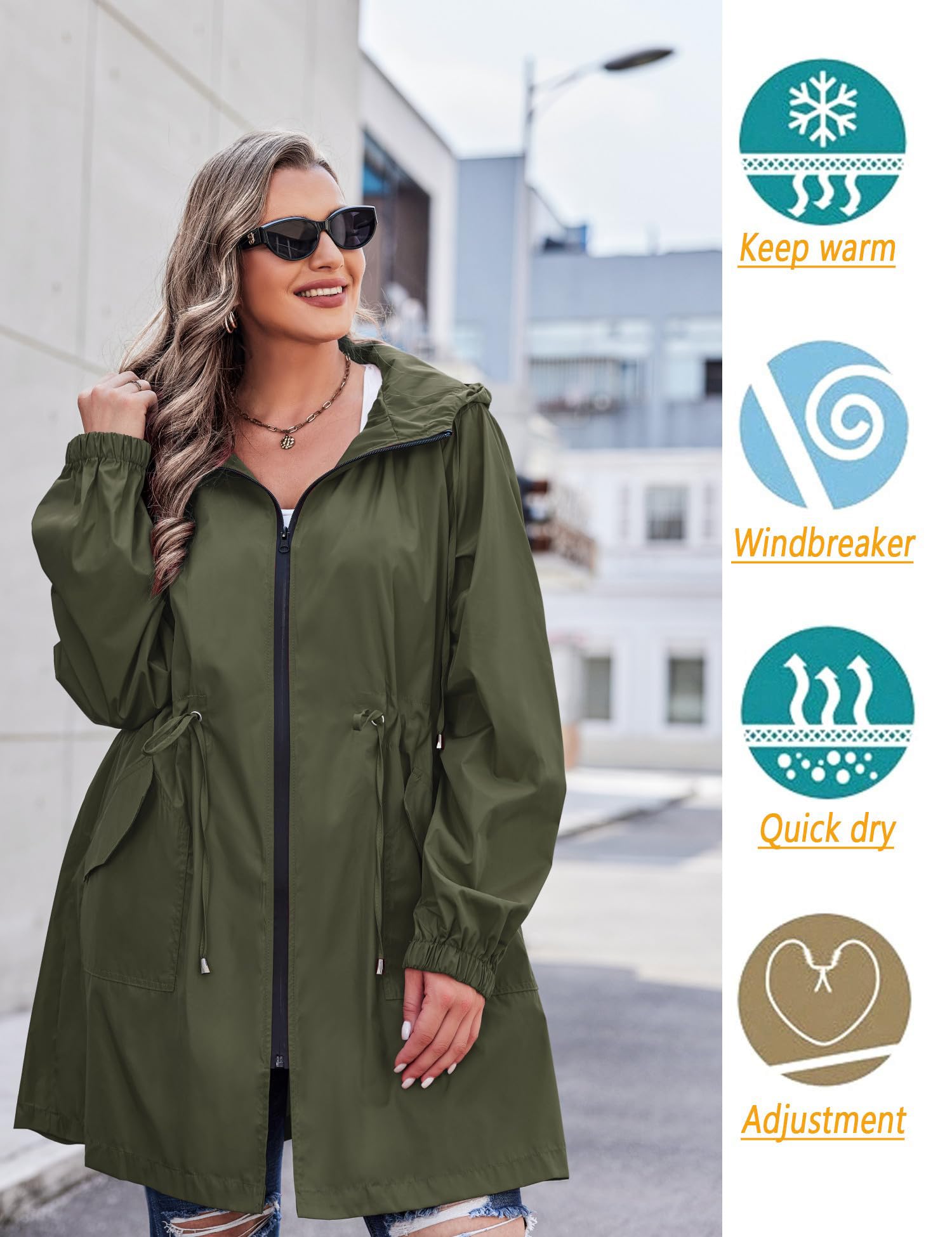 IN'VOLAND Women's Waterproof Rain Jacket Plus Size Long Hooded Windbreaker Lightweight Raincoat with Pockets - Perfect for Outdoor Hiking, Commuting & Travel