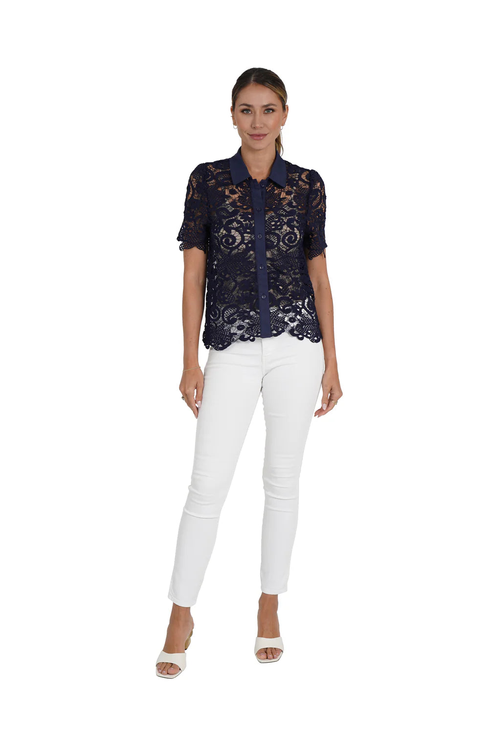 Amy Lace Top Navy Blue - Elegant Women's Lace Blouse for Casual Wear, Date Night & Office Outfits