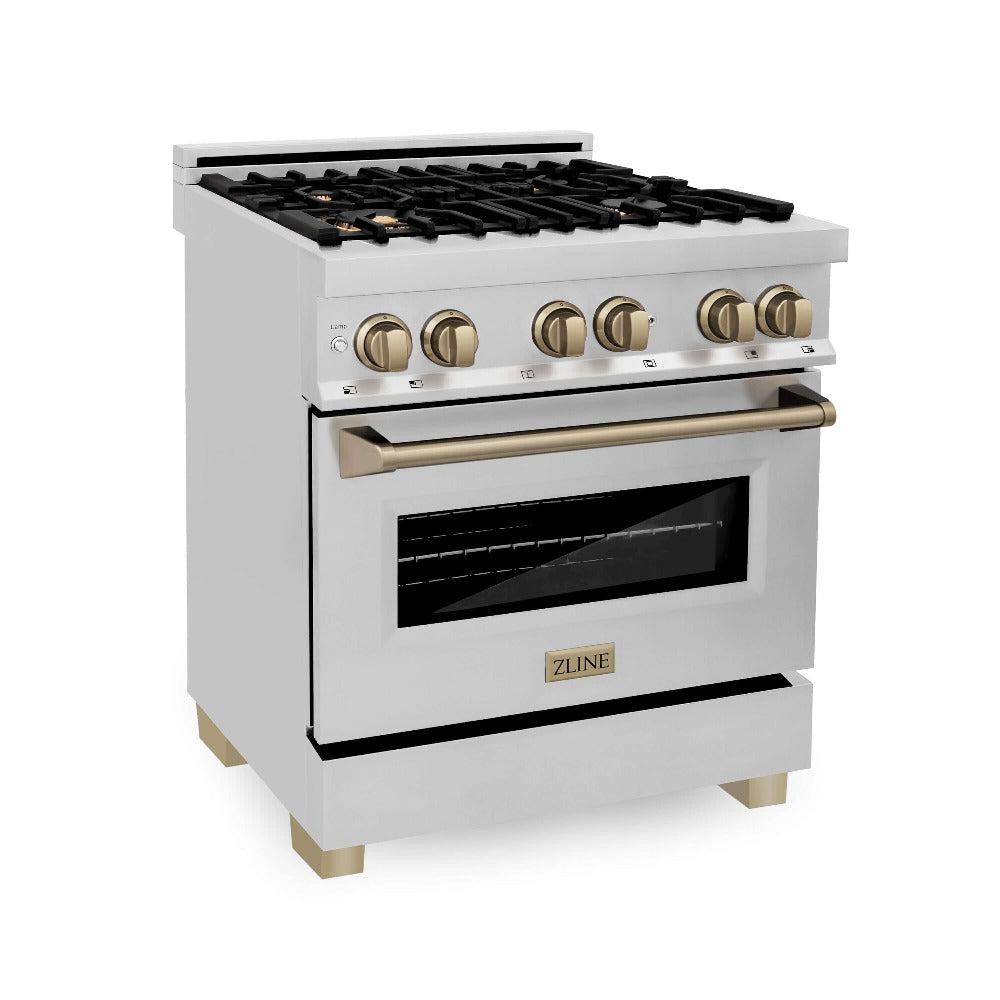 ZLINE Autograph Edition 30-inch Stainless Steel Dual Fuel Range Kitchen Package with Range Hood, Dishwasher & Refrigerator - Champagne Bronze Accents (4KAPR RARHDWM30 CB) | Premium Kitchen Appliances for Modern Homes & Professional Chefs