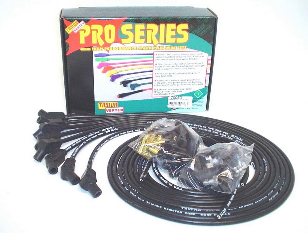 Taylor Cable 70053 8mm Pro Wire Black Spark Plug Wire Set - High Performance Ignition Wires for Ford, Chevy, Dodge & GM Vehicles - Perfect for Engine Upgrades & Tuning