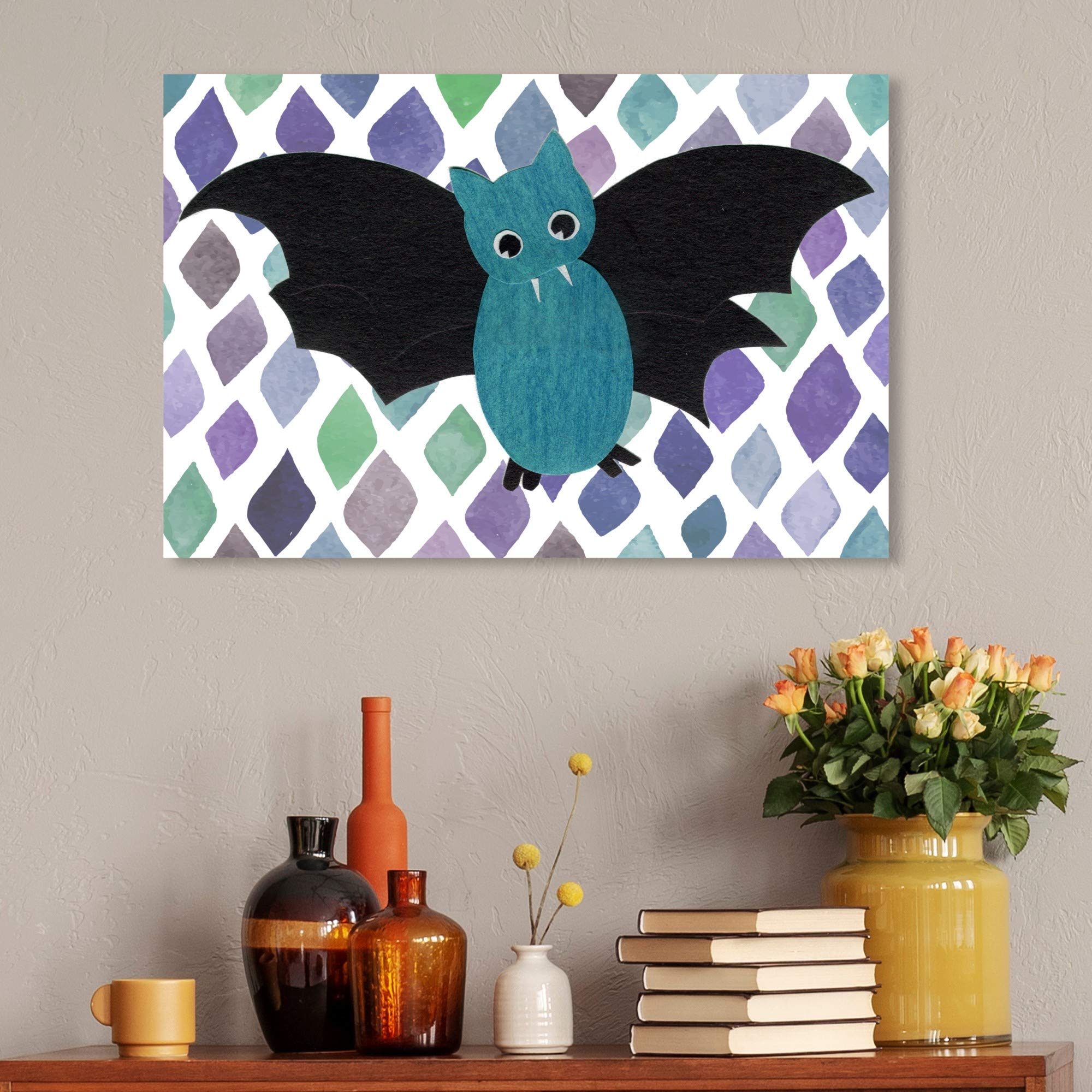 Oliver Gal Artist Co. 'V for Vampire Bat' Animal Wall Art Canvas Print - 30x20 Inch Green & Black Kids Room Decor, Nursery Art, Children's Bedroom Painting | Perfect for Halloween Decorations, Boys' Room Themes & Bat Lover Gifts