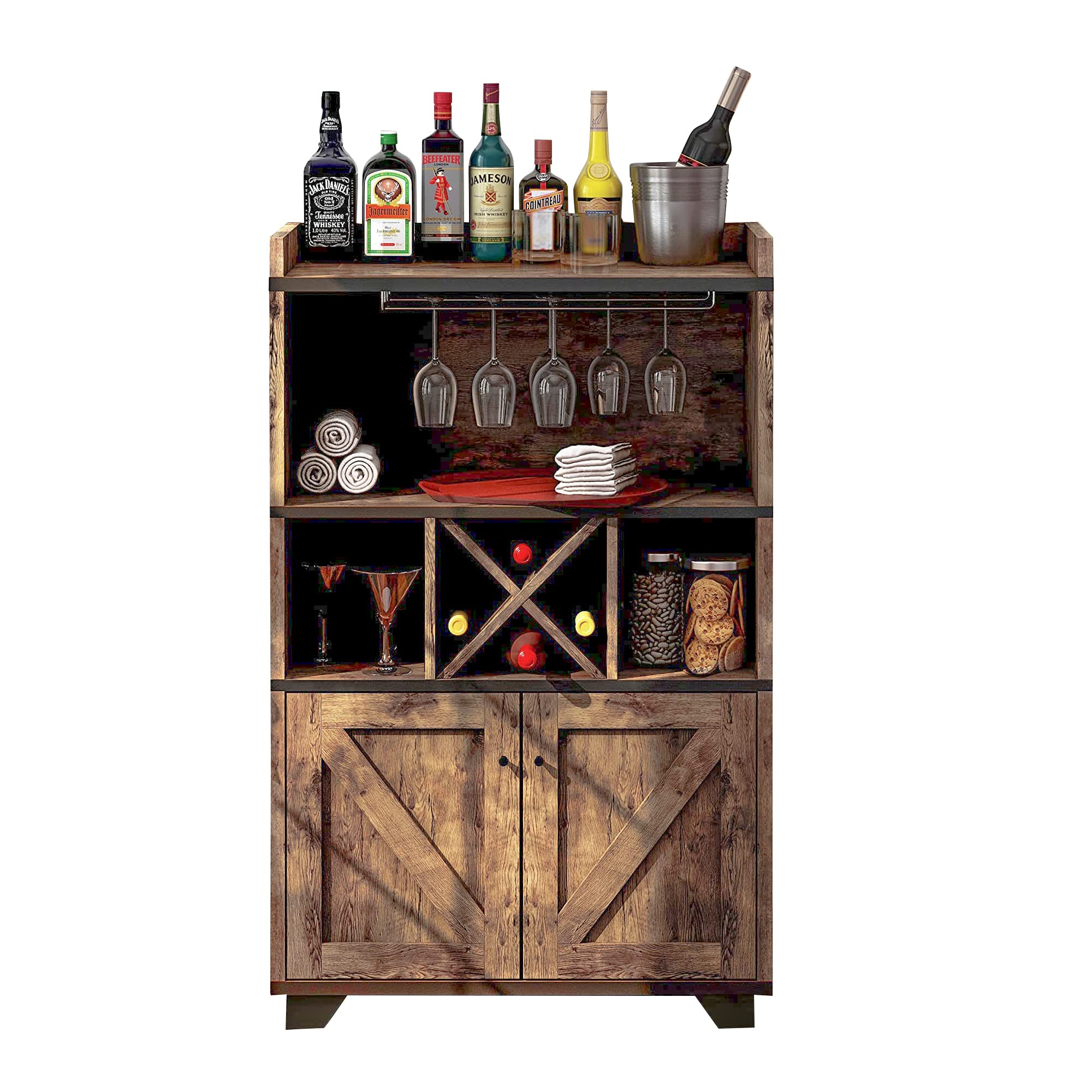 PayLessHere Solid Oak Home Bar Cabinet with Removable Wine Rack & 2 Open Shelves - Perfect for Kitchen, Dining Room or Lounge Storage