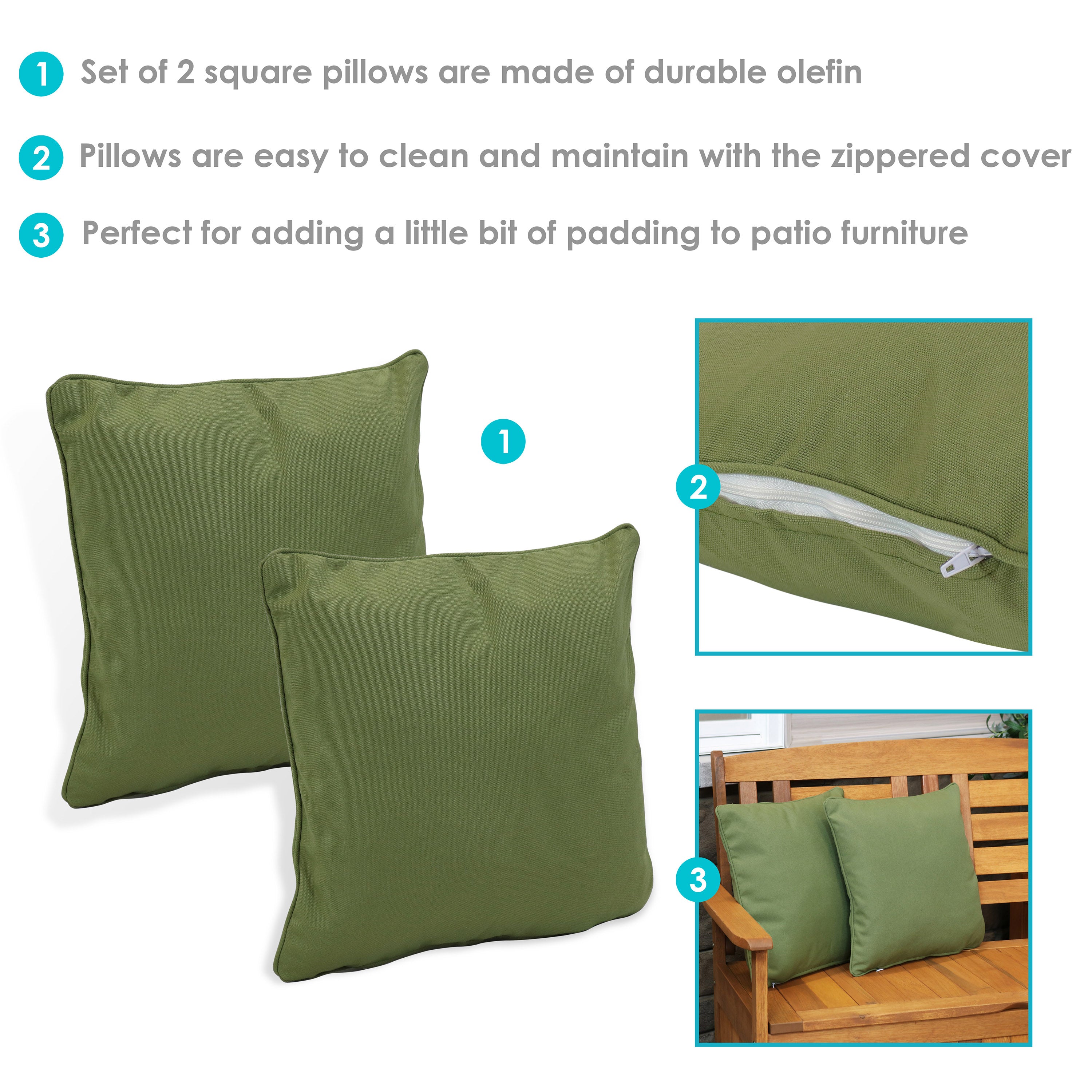 Sunnydaze Set of 2 Olefin Patio Outdoor Throw Pillows - 16 Inch Square Waterproof Decorative Cushions for Garden, Porch & Poolside Furniture - Durable All-Weather Outdoor Pillow Covers