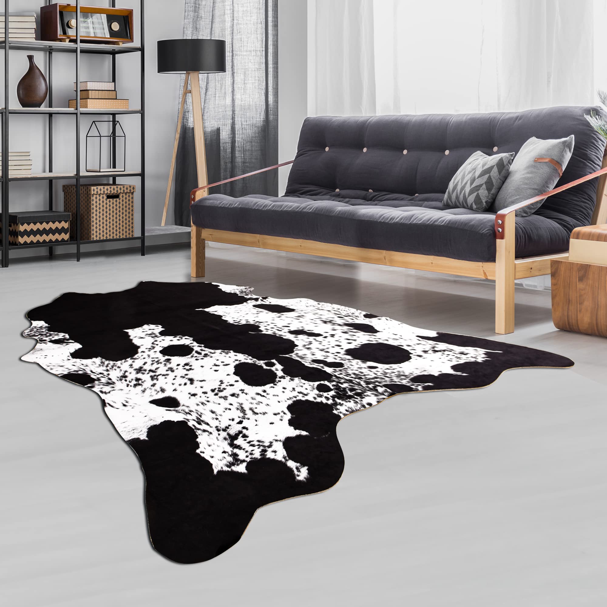 Stylish Faux Cowhide Rug 5.2x4.6 Feet - Soft Black & White Cow Print Area Rug for Living Room, Bedroom, Nursery - Western Home Decor & Bohemian Style Accent - Perfect for Farmhouse, Dorm, or Office Decor