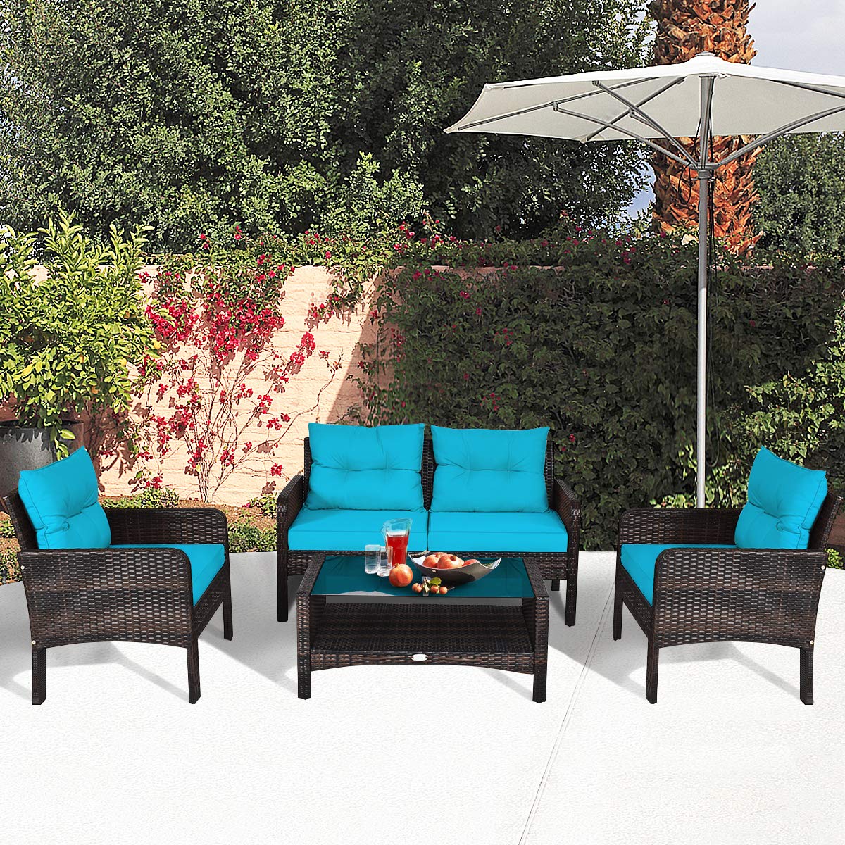 HappyGrill 4-Piece Outdoor Patio Furniture Set - Rattan Wicker Sectional Sofa with Coffee Table & Cushions - Perfect for Garden, Poolside, Backyard, and Balcony Relaxation
