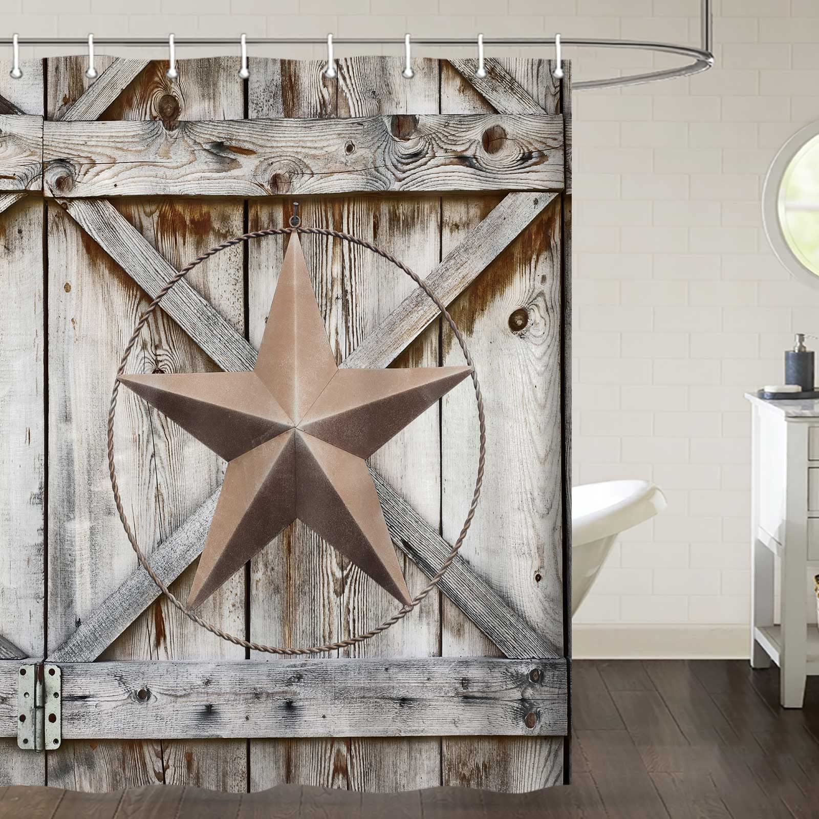Western Star Texas Shower Curtain Set - Rustic Wooden Board Farmhouse Design with Hooks Included, 47x72 Inches - Perfect for Western-Themed Bathrooms, Ranch Homes & Cowboy Decor