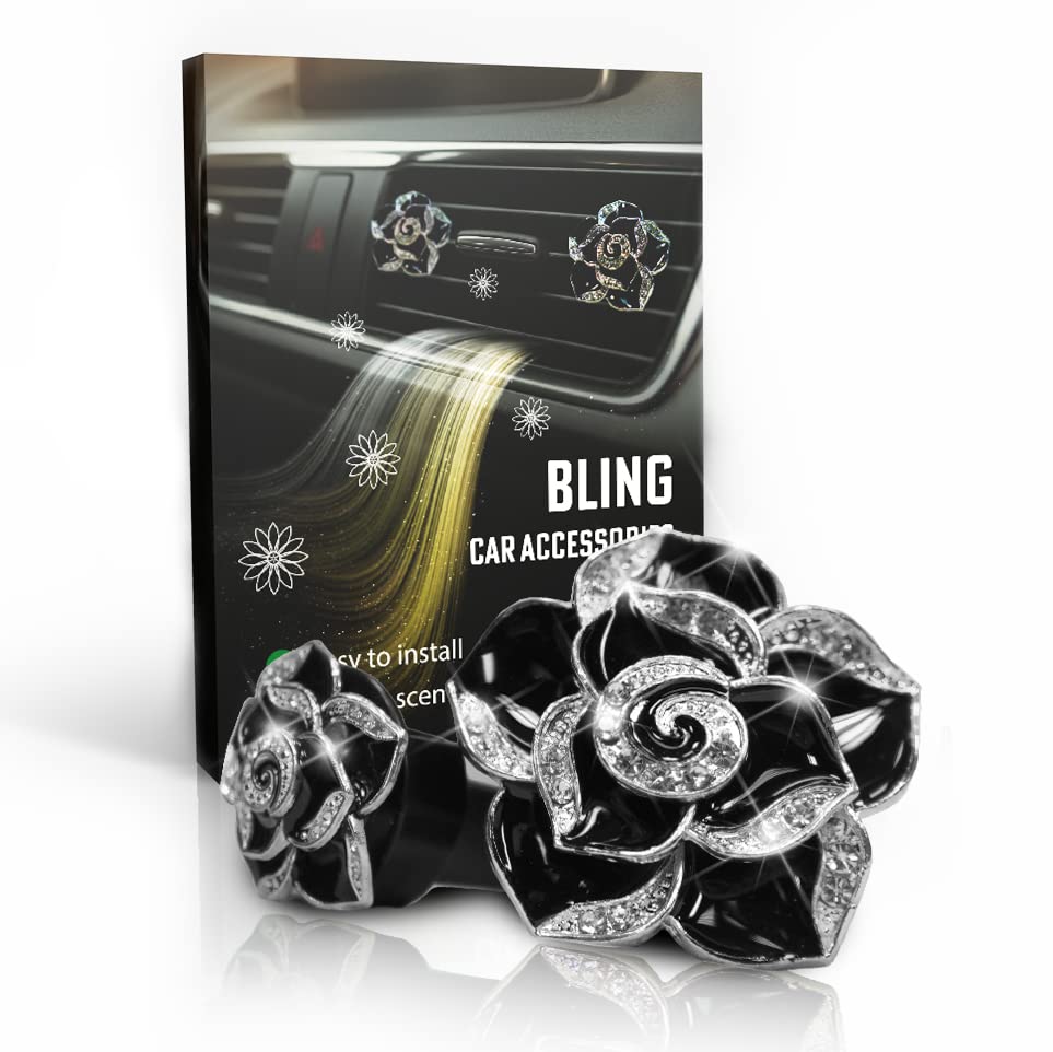 2 Pack Black Rose Rhinestone Car Air Fresheners - Elegant Bling Car Accessories for Women & Teens - Diamond Car Decor Interior - Durable & Stylish Car Charm Decorations - Perfect for Gifts, Daily Commute & Car Interior Decoration