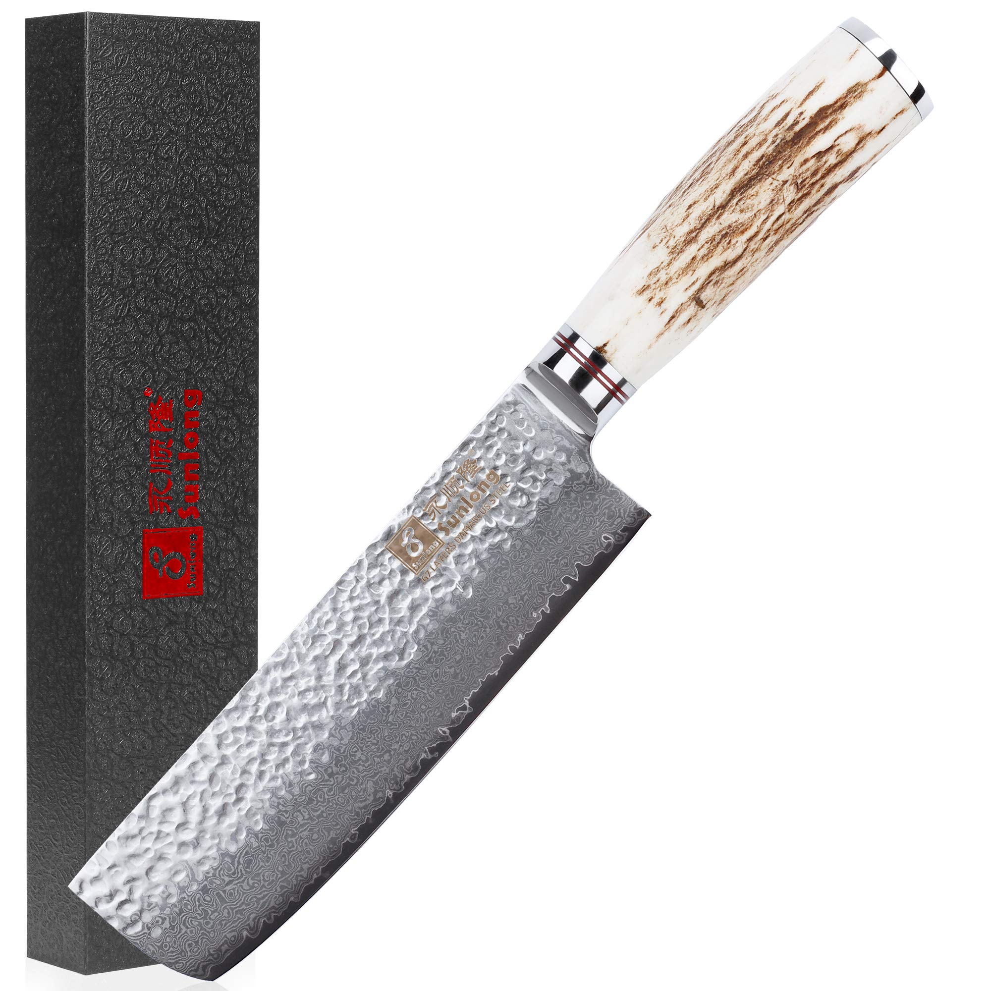 Premium SUNLONG 6.5-inch Usuba & Nakiri Japanese Knife - Hammered Damascus Steel Blade for Fruits & Vegetables - Ultra Sharp with Natural Deer Horn Handle - Perfect for Sushi Prep, Vegetable Chopping & Asian Cuisine