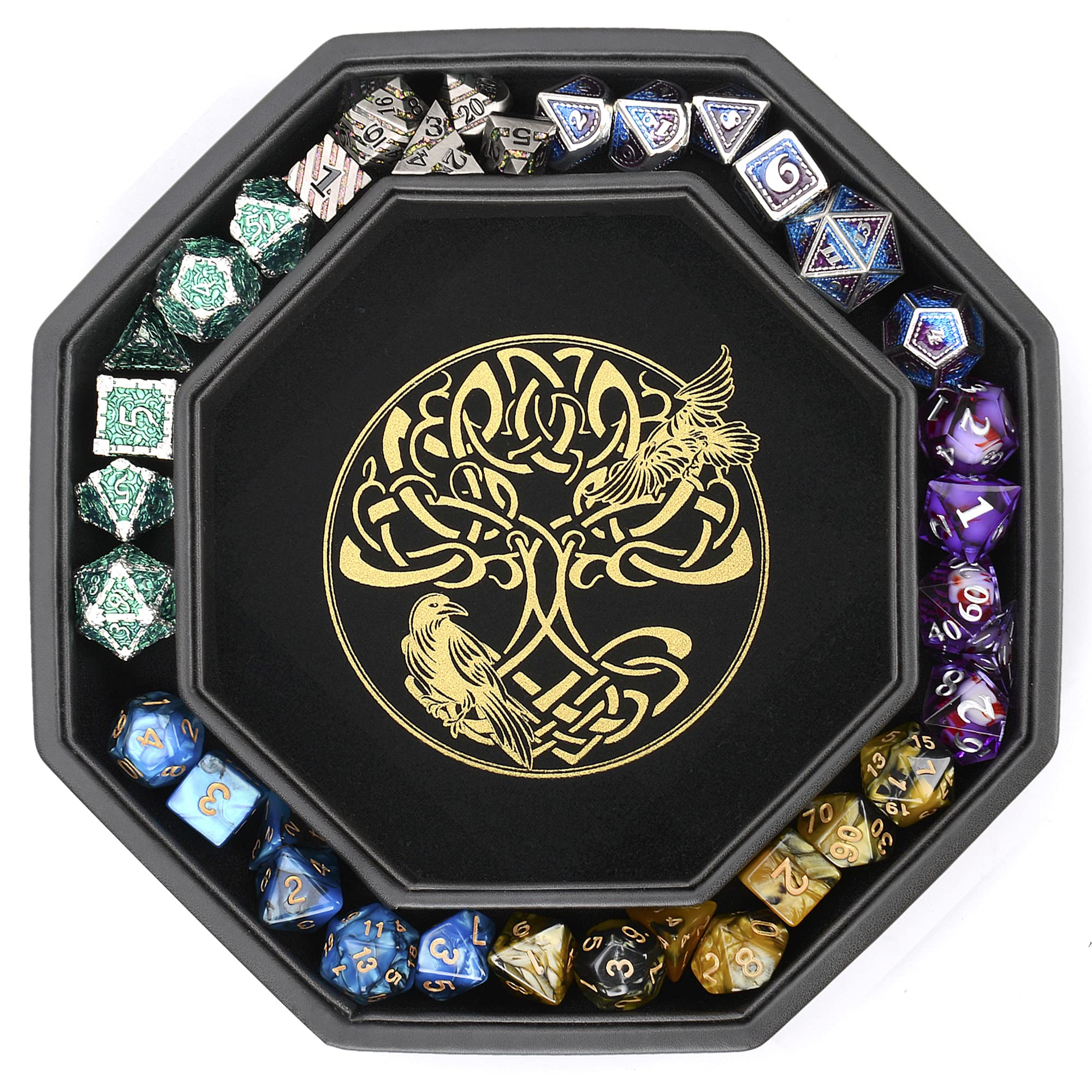 Premium 8 Inch DND Dice Tray for Dungeons & Dragons - Exquisite Gold World Tree & Wolf Raven Design - Perfect for Dice Rolling & Storage - Ideal for D&D, RPG Games & Tabletop Adventures