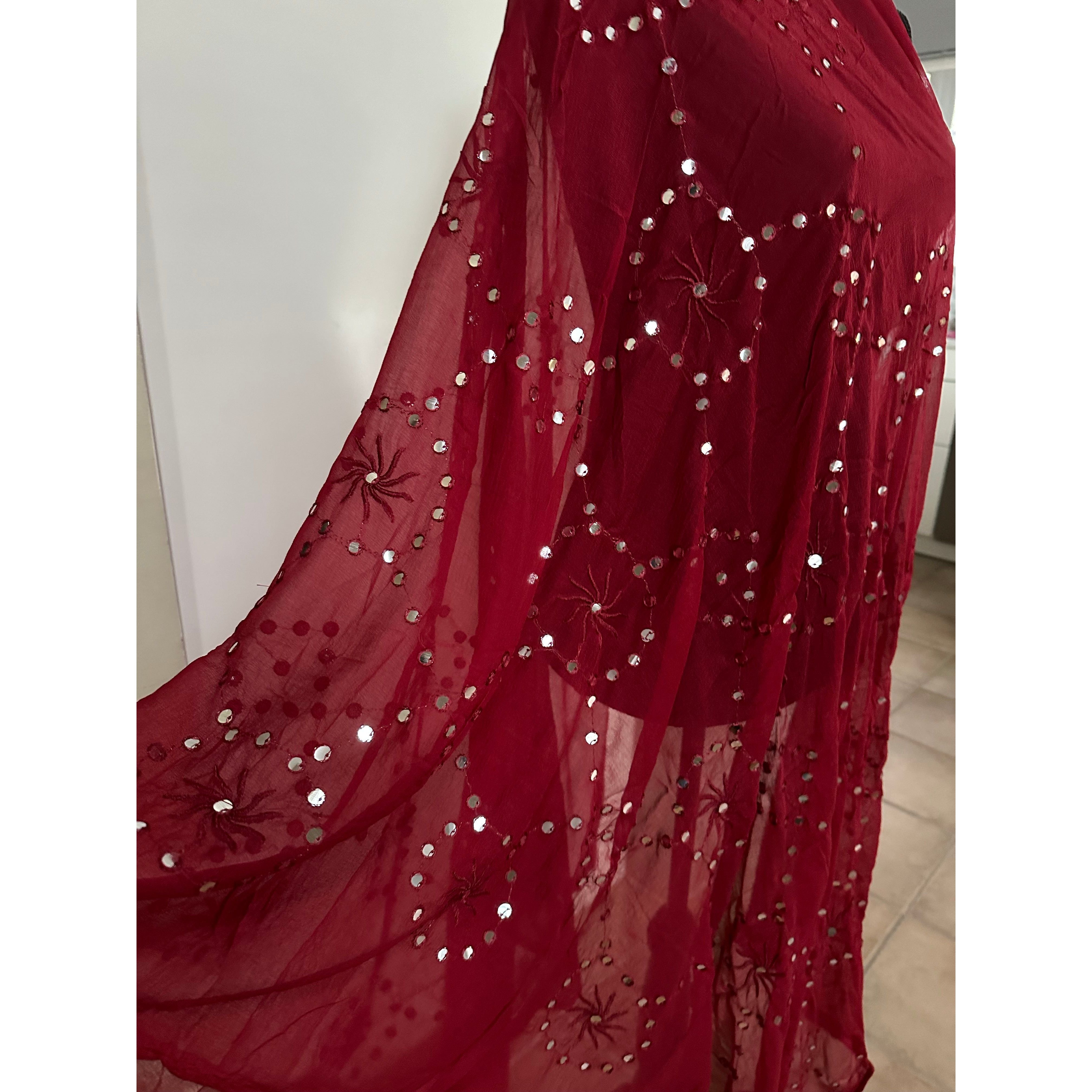 Elegant Maroon Dupatta with Mirror Embroidery - Perfect for Weddings, Parties & Festive Occasions