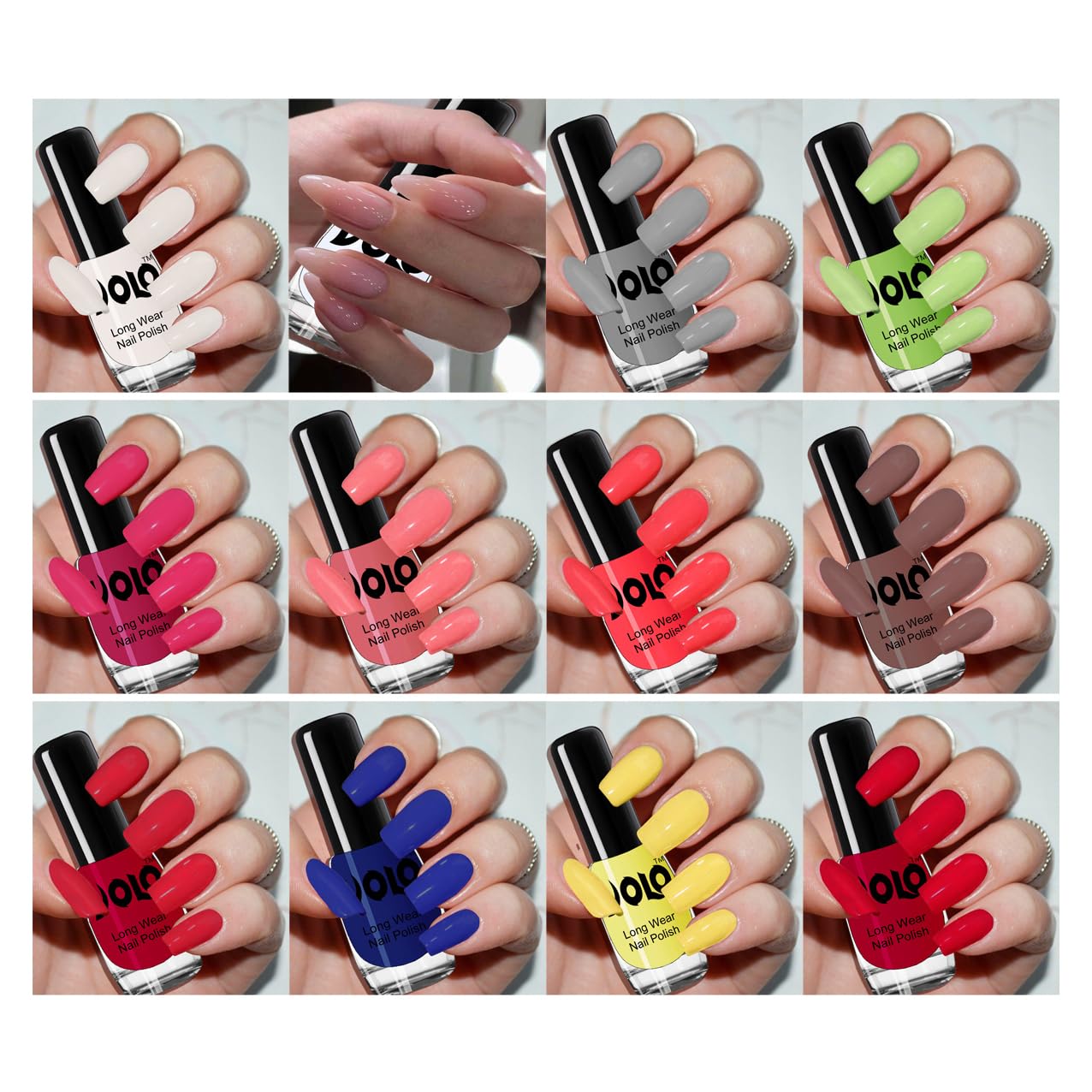 Volo Non-Toxic 12-Piece Nail Polish Set - Matte White, Glossy Top Coat, Grey, Parrot Green, Magenta, Peach, Red, Nude, Yellow, Royal Blue | Vegan, Cruelty-Free Nail Colors for Manicures, Pedicures & Nail Art