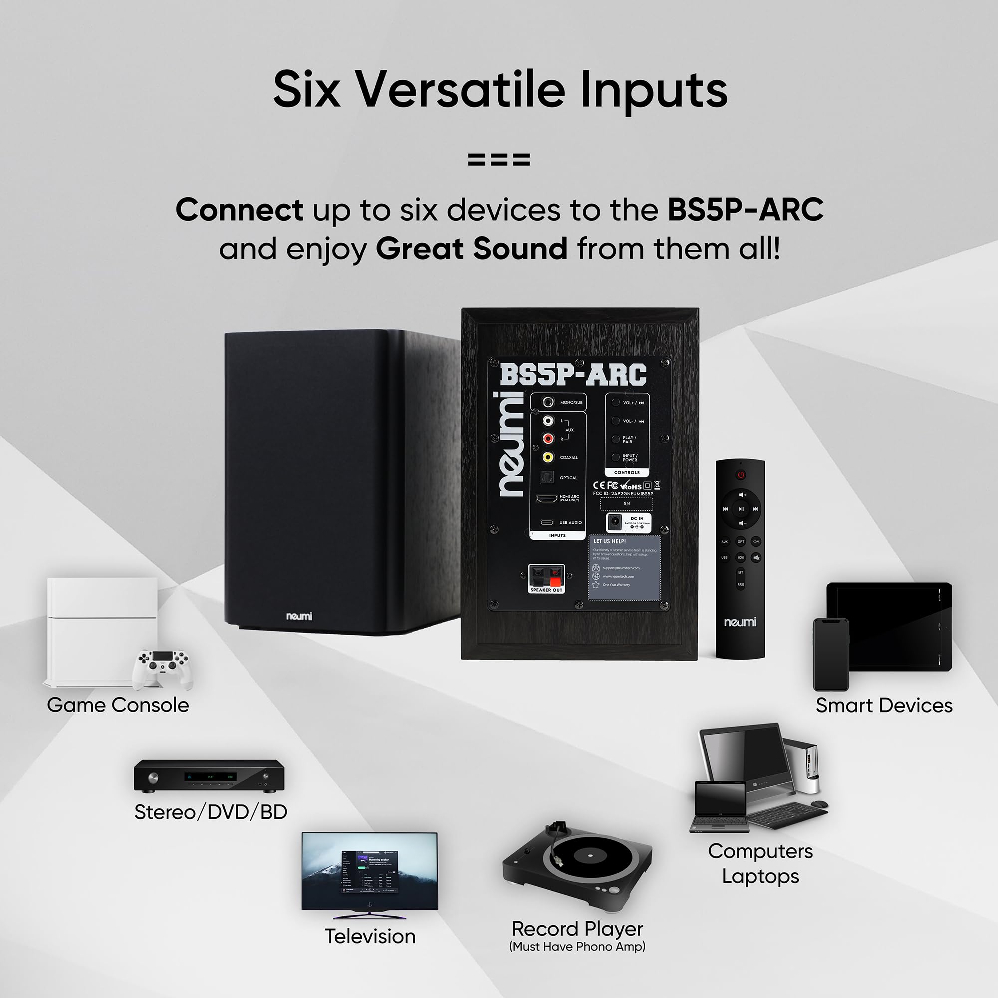 NEUMI BS5P-ARC 75W Powered Bookshelf Speakers - Bluetooth, HDMI, USB, Optical & Coaxial Inputs with Remote - 5