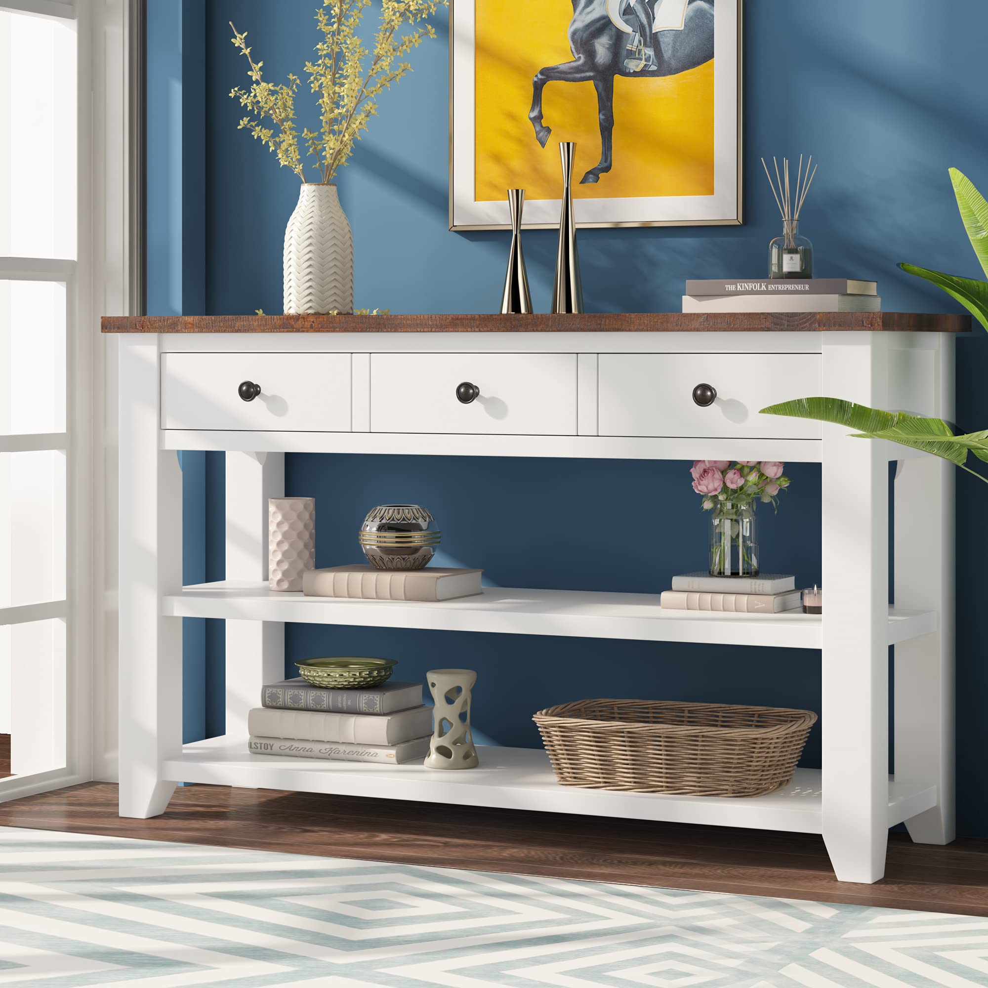 Vintage Wooden Console Table with 3 Drawers & 2 Shelves - Mid Century Modern Buffet Sideboard with Open Storage, Sofa Table for Entryway, Living Room, Bedroom & Hallway - Perfect for Home Decor & Small Space Organization (White & Pine Wood Finish)