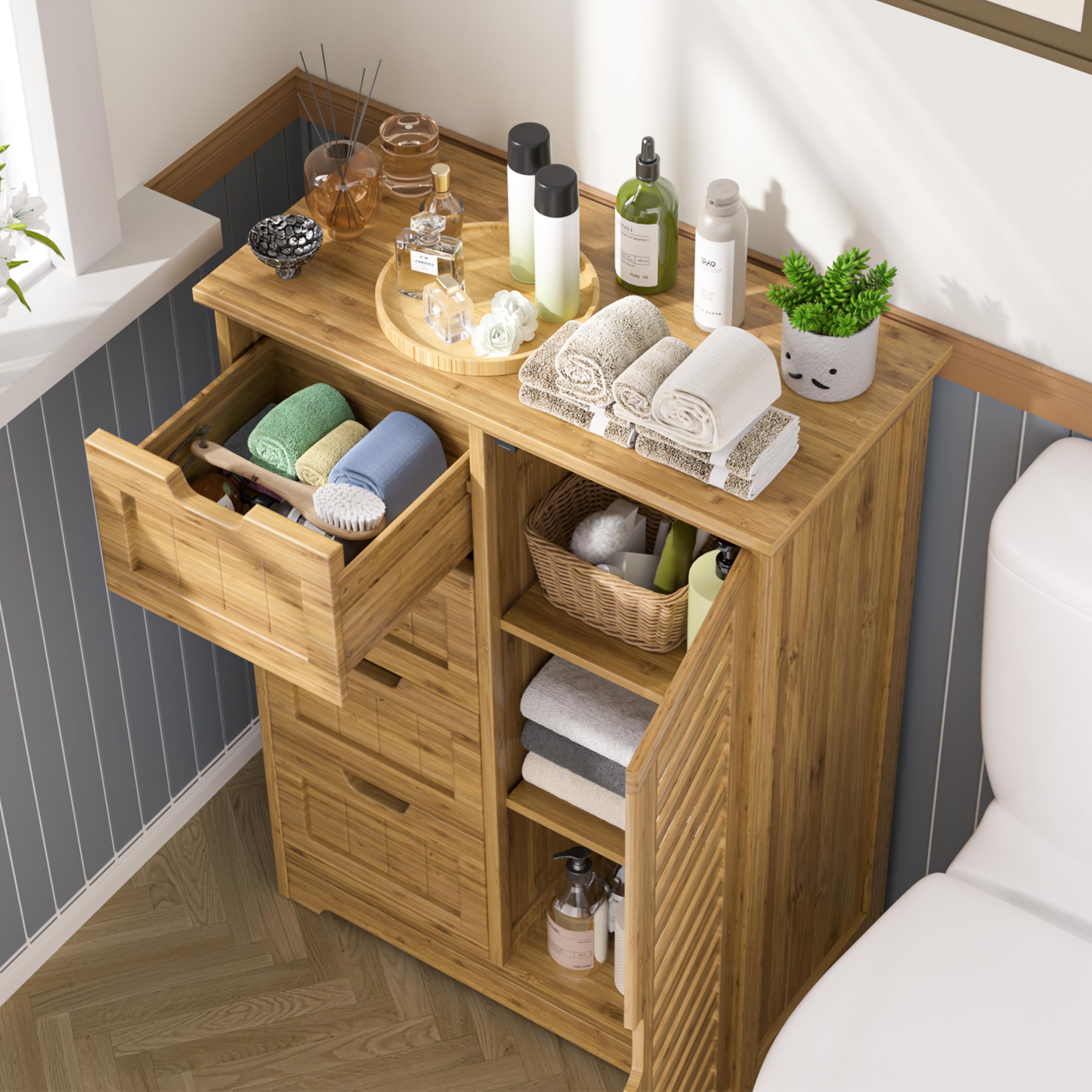 Bamboo Bathroom Storage Cabinet with 4 Drawers & 2 Removable Shelves - Freestanding Floor Cabinet for Bathroom, Living Room, Bedroom Organization - Perfect for Small Spaces, Towel & Toiletry Storage