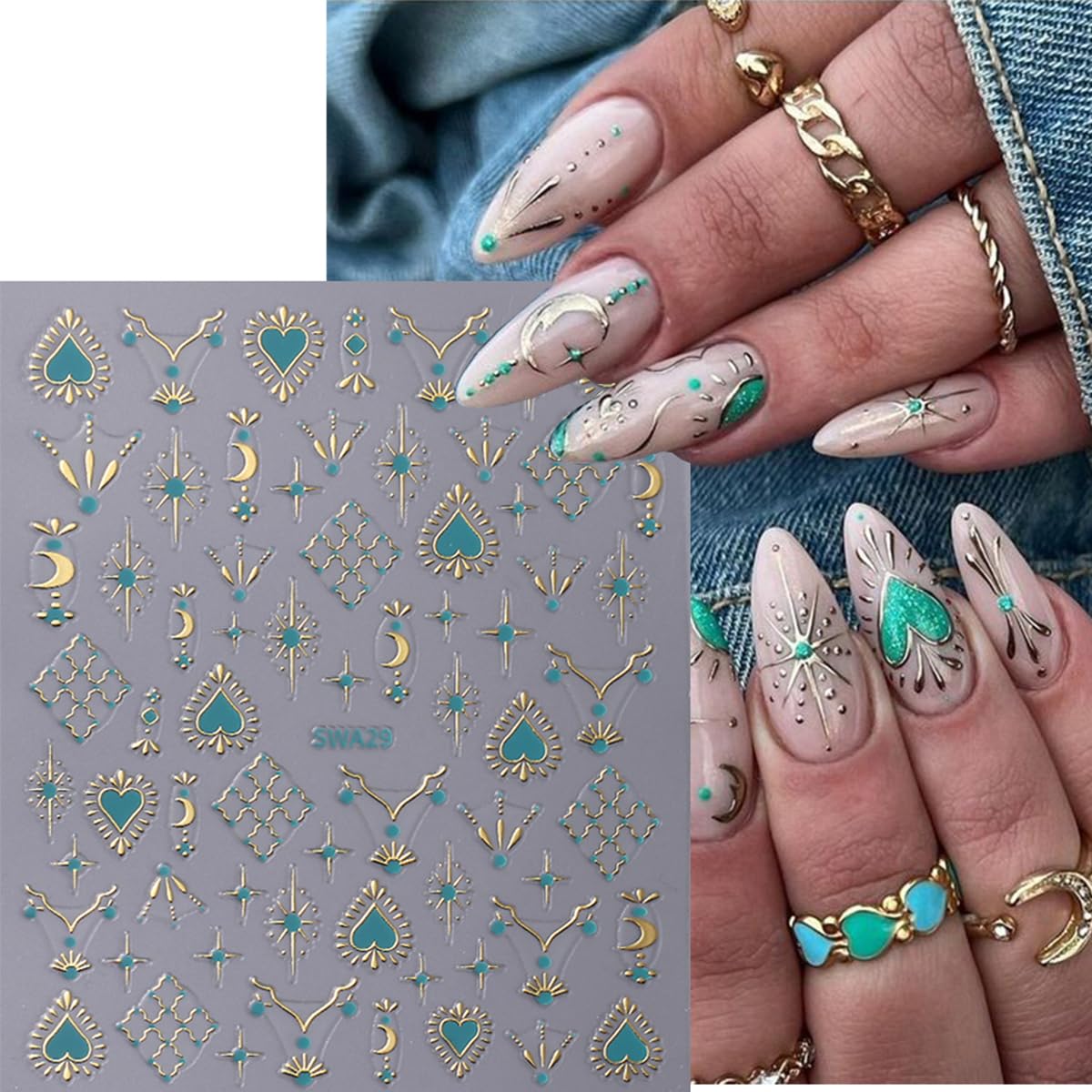 8 Sheets Sun Moon Star Nail Stickers - Silver Gold Heart 3D Self-Adhesive Nail Art Decals for DIY Manicure, Blue Green Red Stars Nail Design Stickers for Women & Girls - Perfect for Parties, Holidays & Nail Salon Decoration