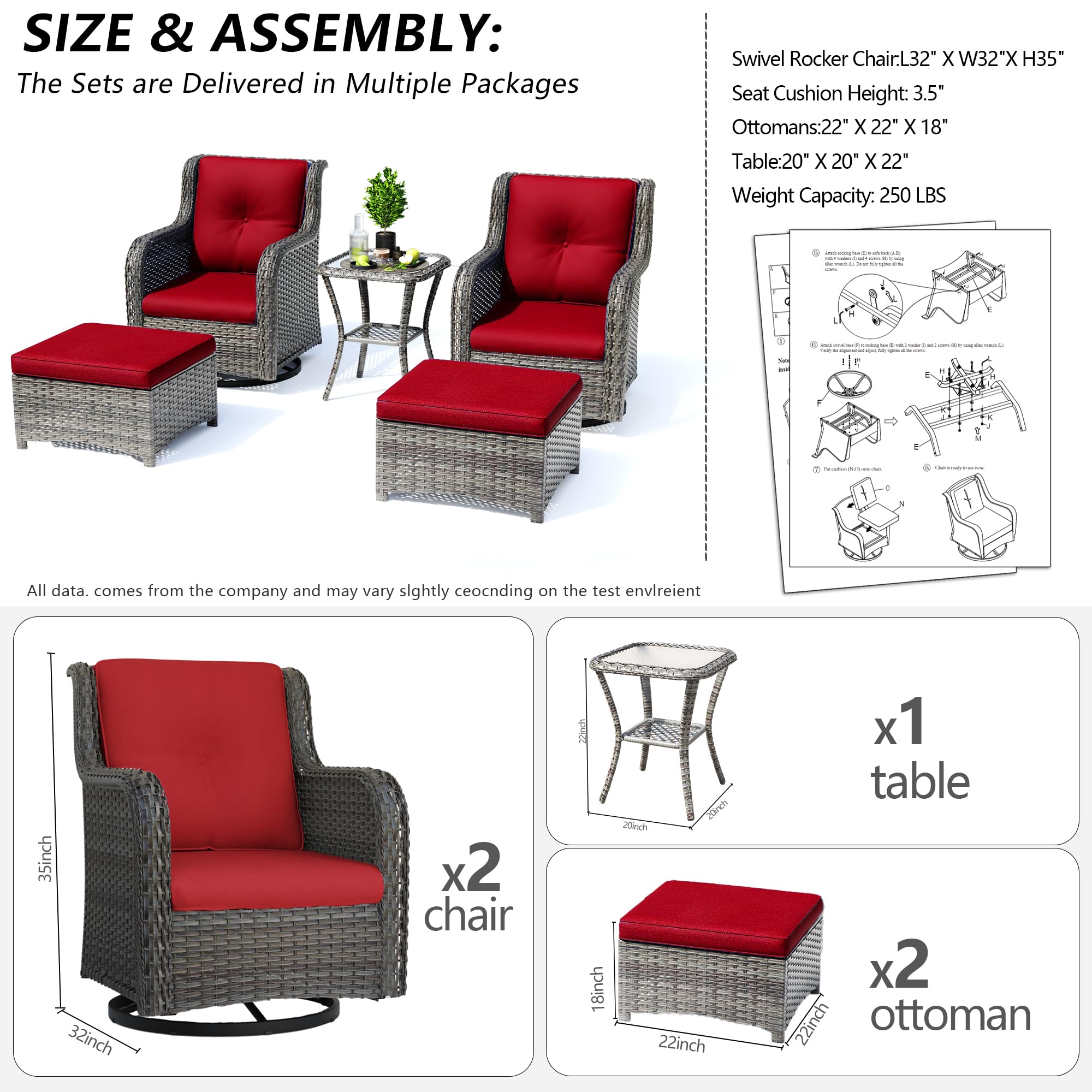 5-Piece Outdoor Patio Furniture Set - All-Weather Wicker Bistro Conversation Set with Swivel Rocking Chairs, Side Table & Ottomans - Perfect for Backyard, Porch, Deck, Garden or Poolside (Mixed Grey/Red) - Ideal for Relaxing, Entertaining & Outdoor Dining