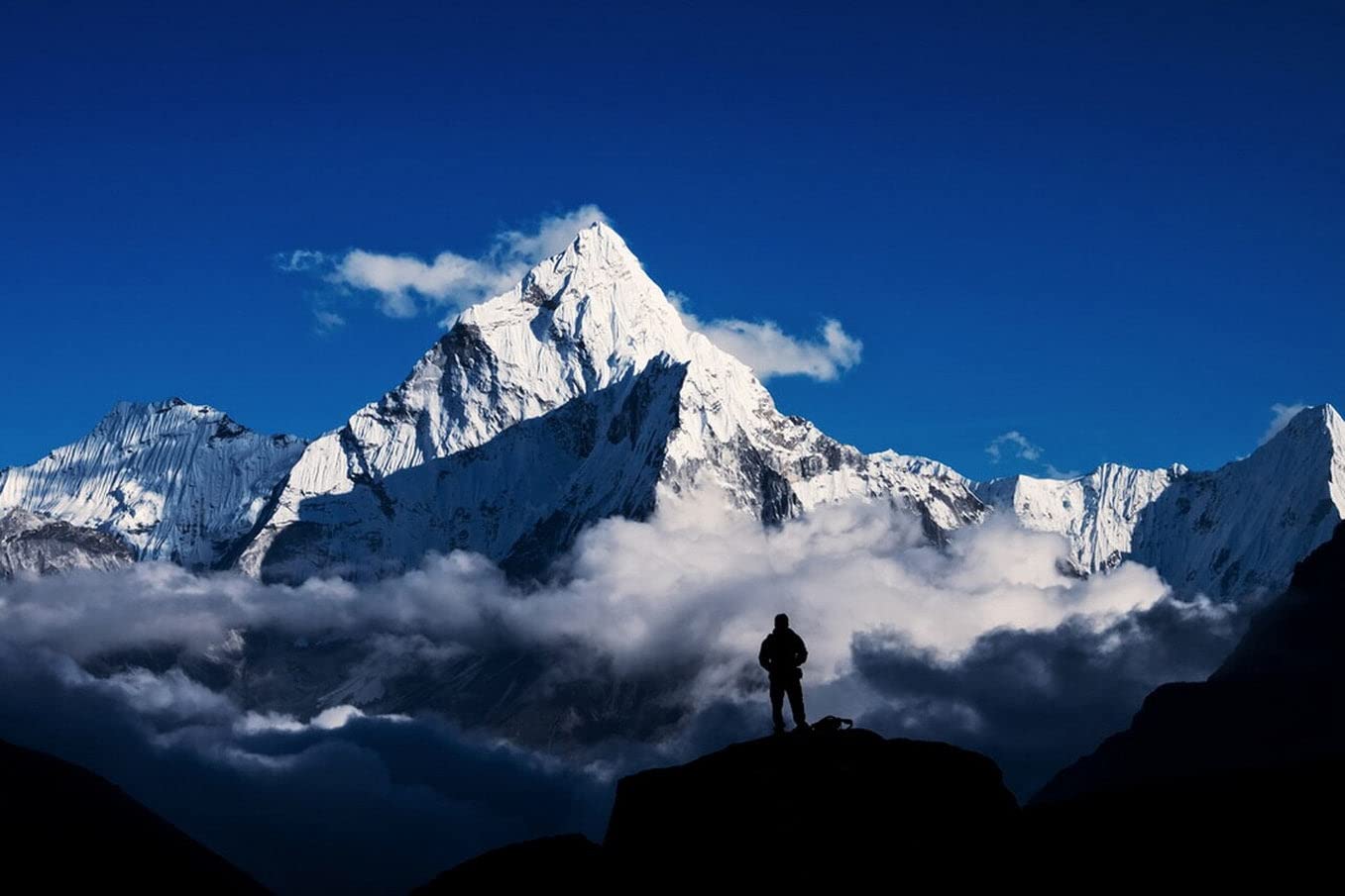 Man Hiking Silhouette Canvas Print - Mount Everest Himalayan Mountains Wall Art - Unframed 12x16 Inch Poster for Home, Bar & Coffee Shop Decor - Perfect for Adventure & Travel Themed Spaces