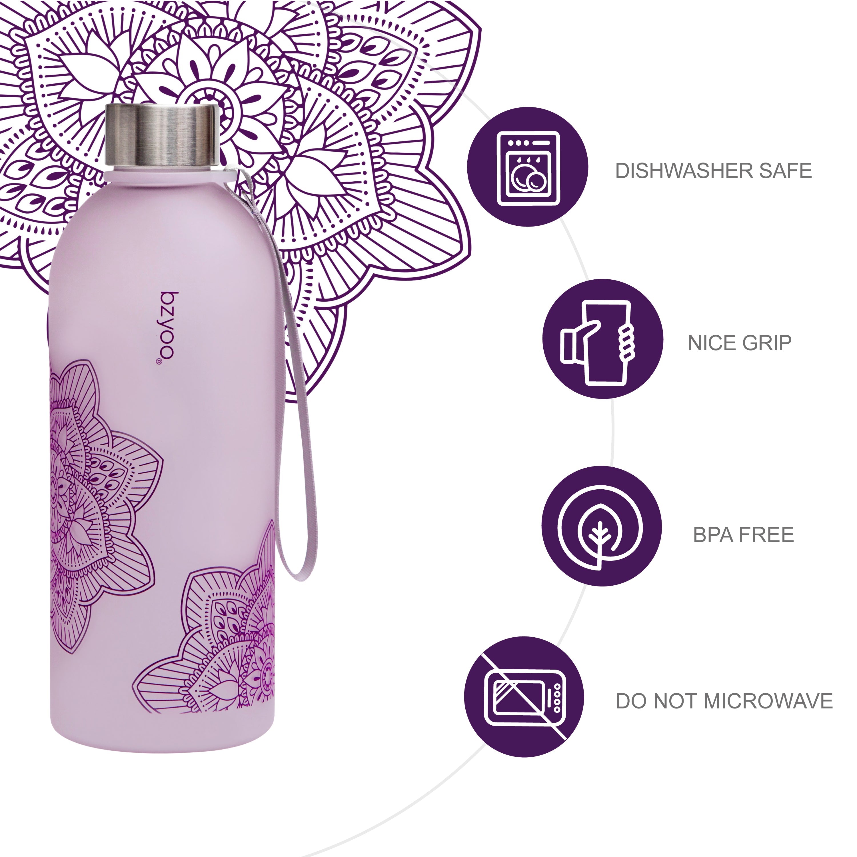 32oz La La Mandala Time Marker Tritan Water Bottle with Carrying Strap - BPA Free Leak Proof Water Bottle for Gym, Yoga, Hiking & Outdoor Activities - Purple