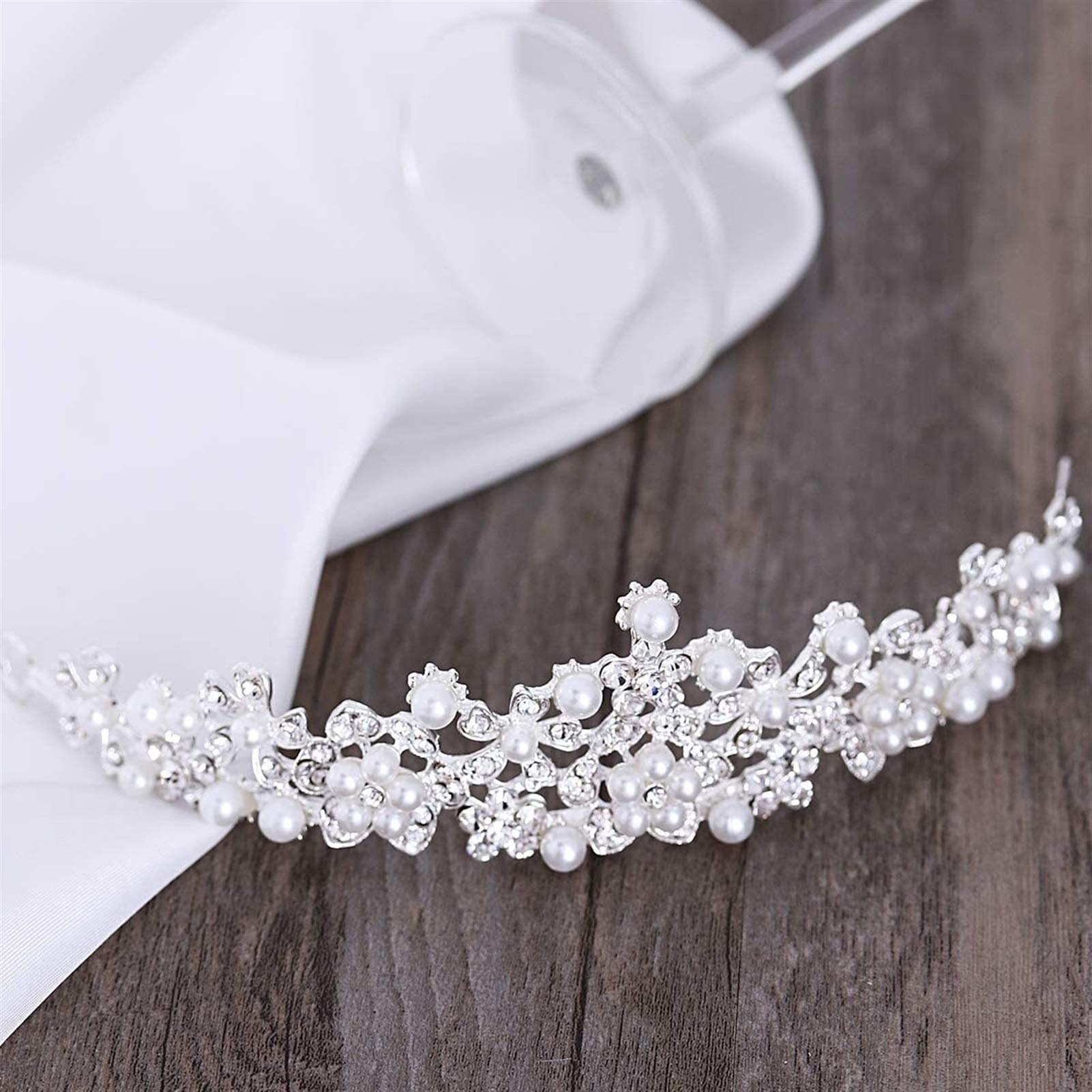 Elegant Wedding Headband for Bride - Shining Crystal Rhinestones & Faux Pearl Flower Crown Tiara Veil - Perfect for Bridal Shower, Engagement Party, and Formal Occasions