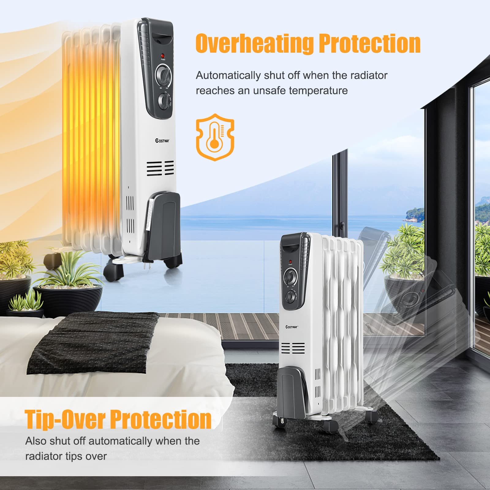 COSTWAY 1500W Oil Filled Radiator Heater - Portable Electric Space Heater with Adjustable Thermostat, 3 Heat Settings, Overheat & Tip-Over Protection - Perfect for Indoor Use in Bedrooms, Offices & Living Rooms | Stay Warm & Cozy During Winter