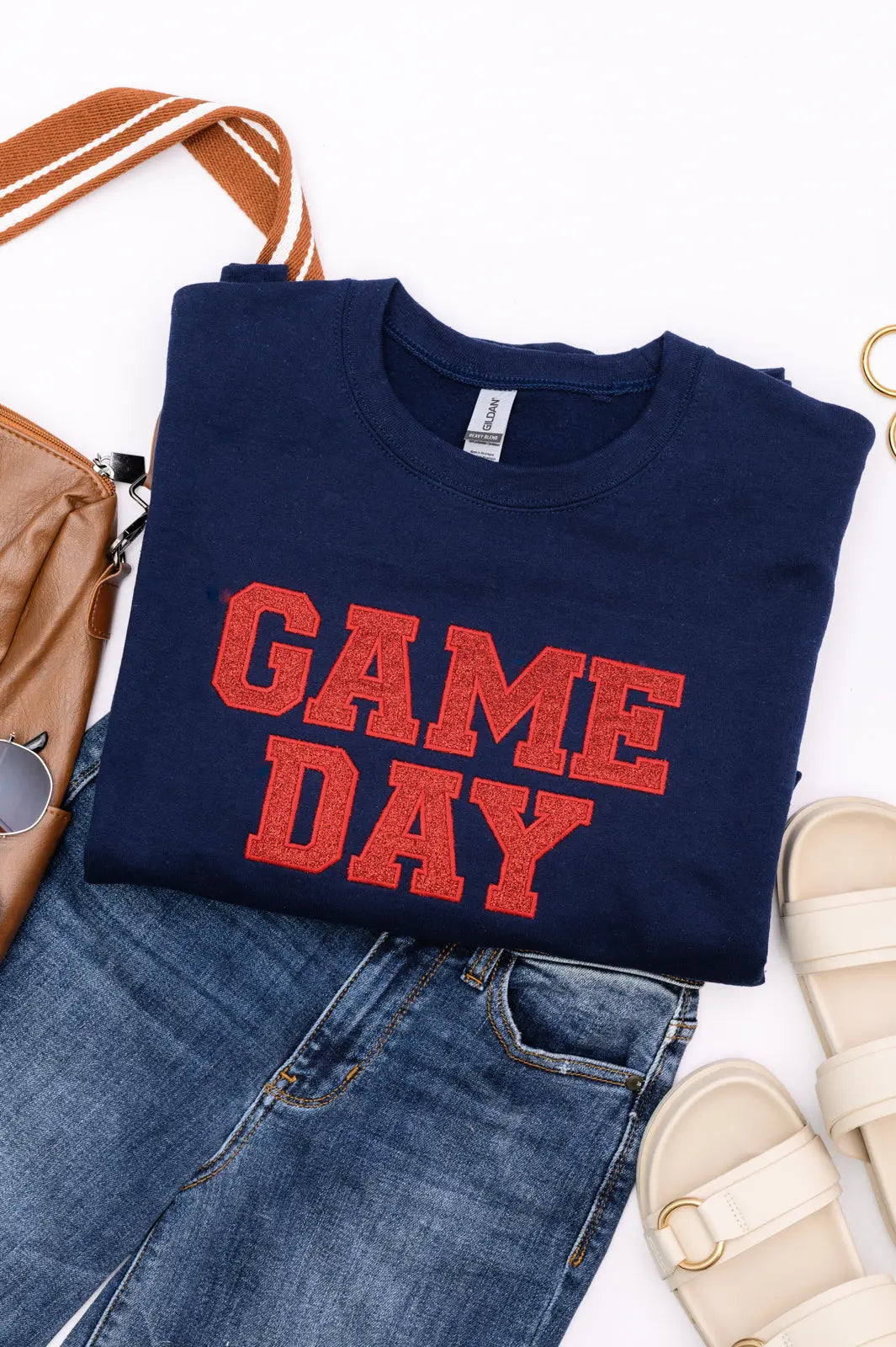 PREORDER: Embroidered Glitter Game Day Sweatshirt - Navy/Red - Perfect for Football Tailgates, College Parties & Sports Fan Apparel