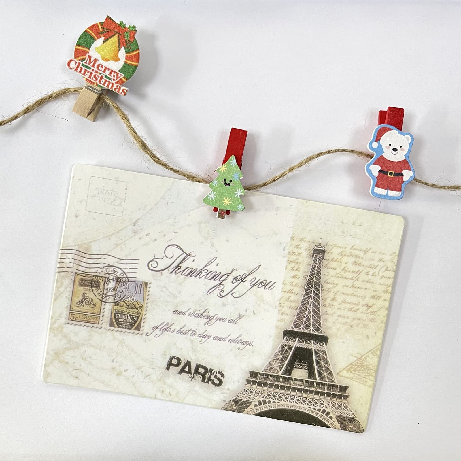 40 Pcs Mini Wooden Clothes Pins for Hanging Photos, Christmas Cards & Stockings - Decorative Clips with Twine for Home, Party & DIY Crafts - Perfect for Holiday Decor, Photo Displays & Gift Wrapping