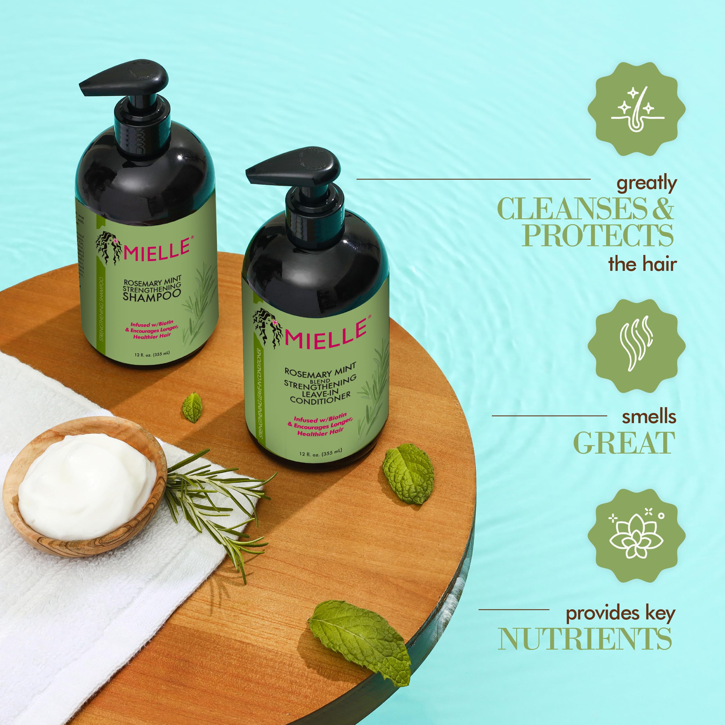 Mielle Organics Rosemary Mint Strengthening Shampoo & Leave-In Conditioner with Biotin - 12oz for Weak & Brittle Hair Care - Deep Cleansing & Hair Growth Treatment for Daily Use at Home or Salon