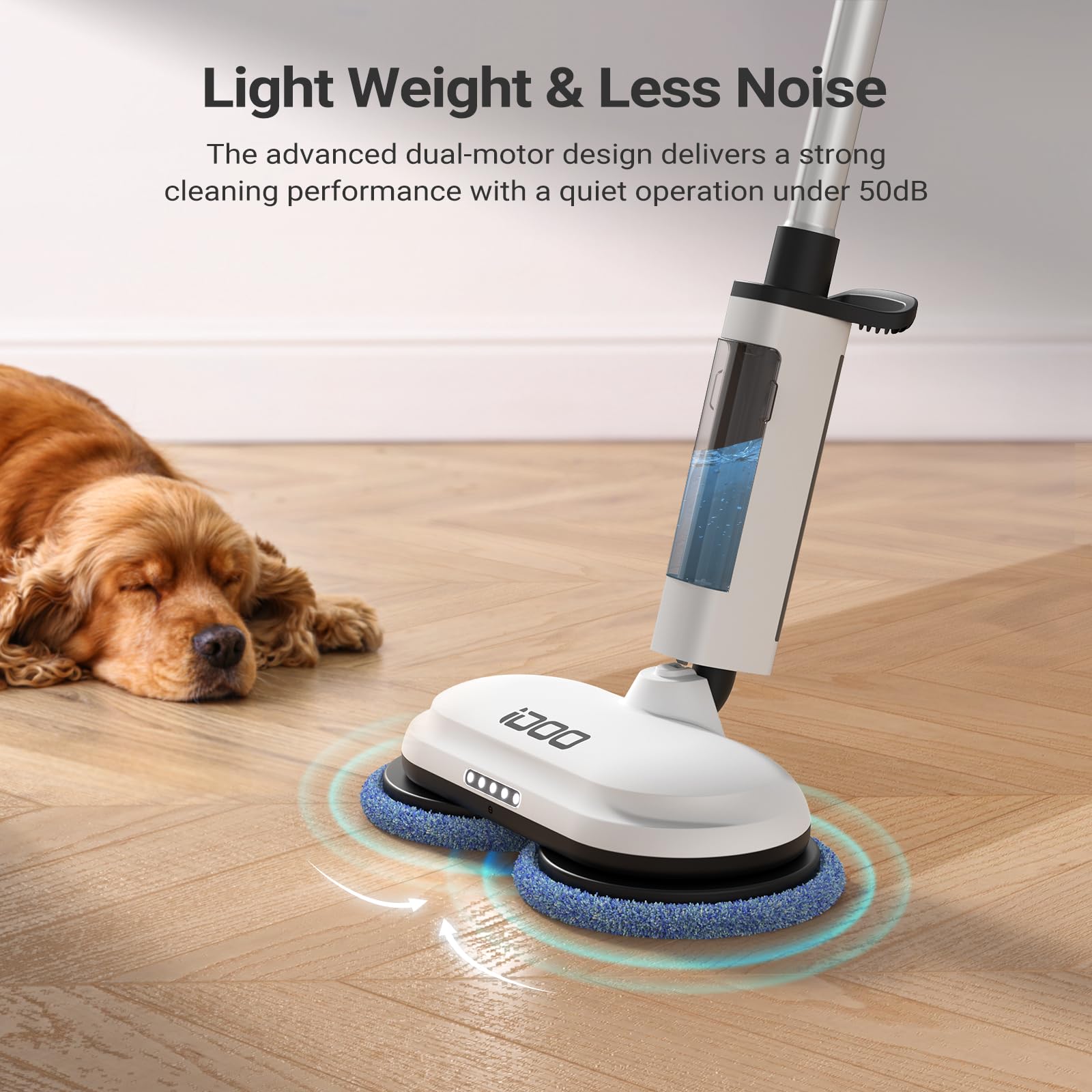 iDOO Cordless Electric Mop - Powerful Spin Scrubber with Detachable Water Tank & LED Headlight for Tile, Hardwood, Laminate Floors | Home Cleaning Machine with 4 Washable Pads | Perfect for Kitchen, Bathroom & Pet Area Cleaning